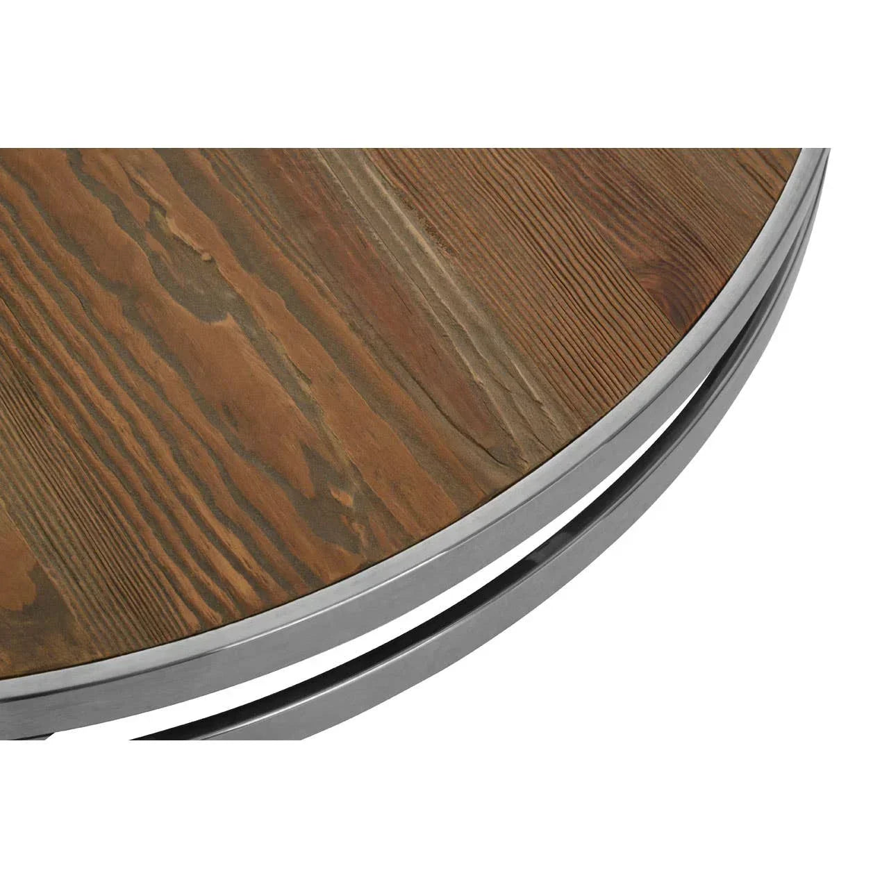 Round wood coffee table with metal frame, angled close-up of tabletop and edge