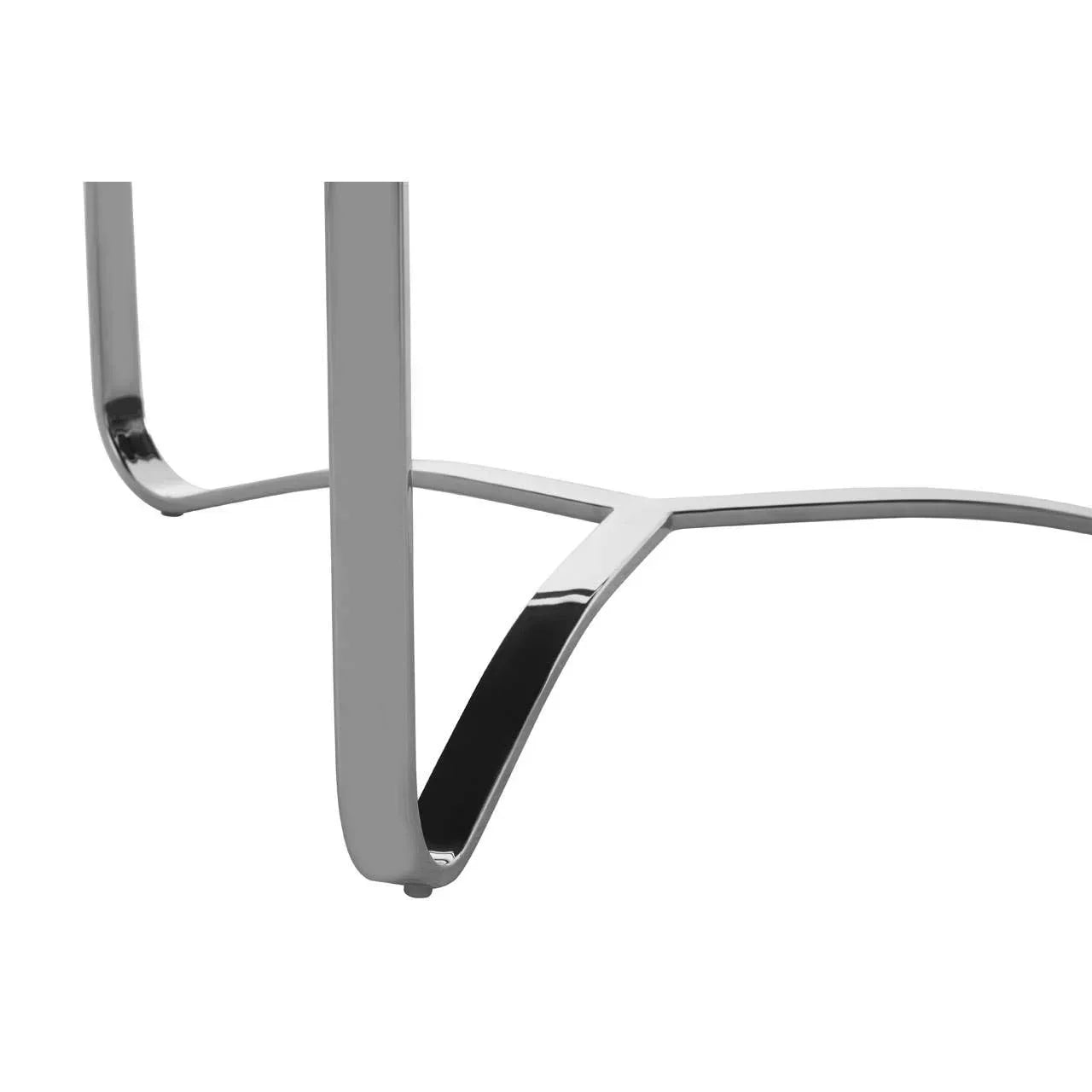 Chrome metal table leg detail with modern cross support design