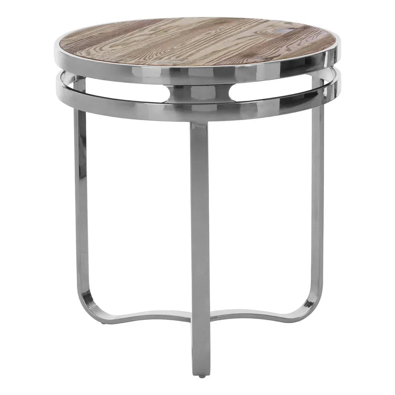 Round side table with wooden top and chrome metal frame, modern design