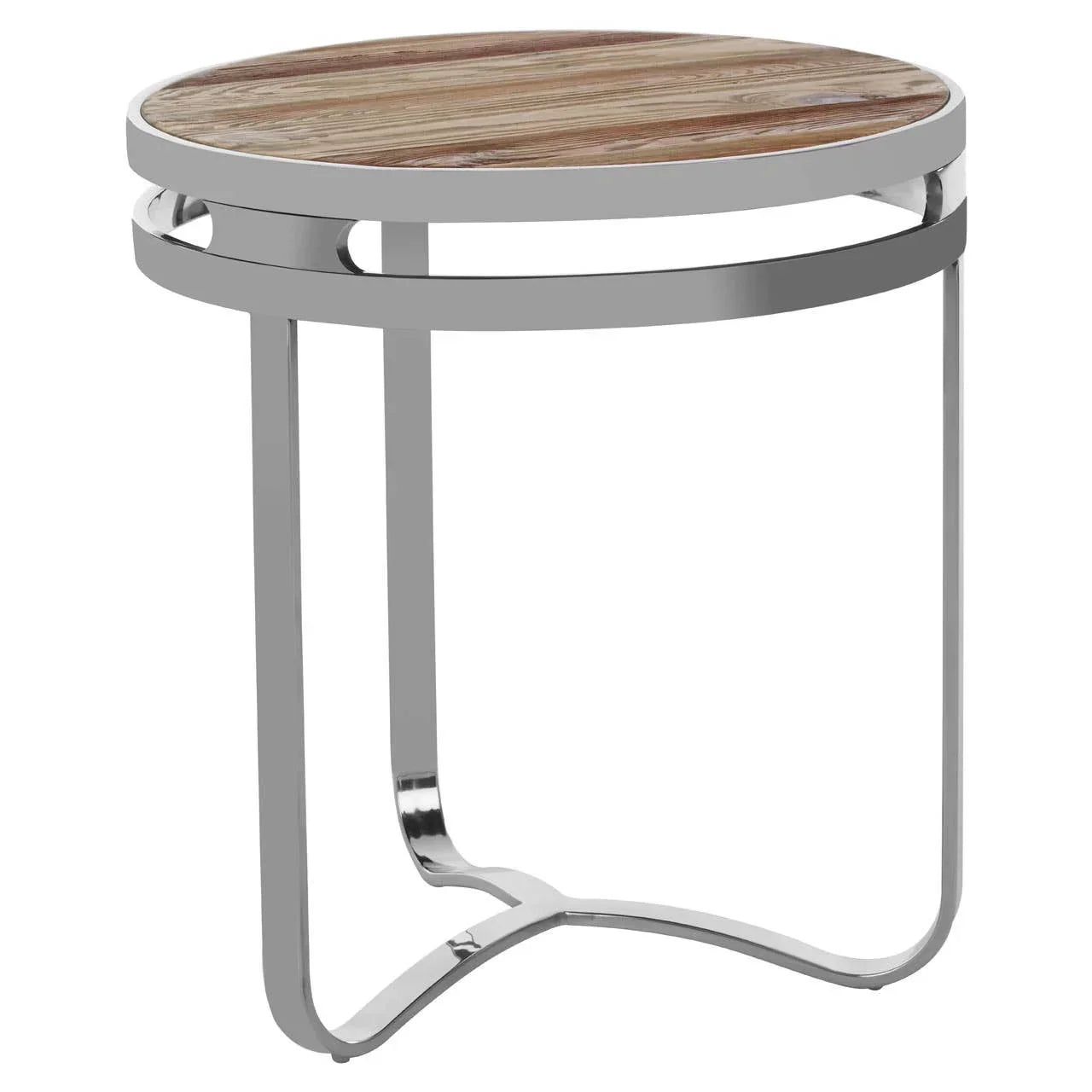 Round side table with wooden top and chrome metal frame, modern living room furniture