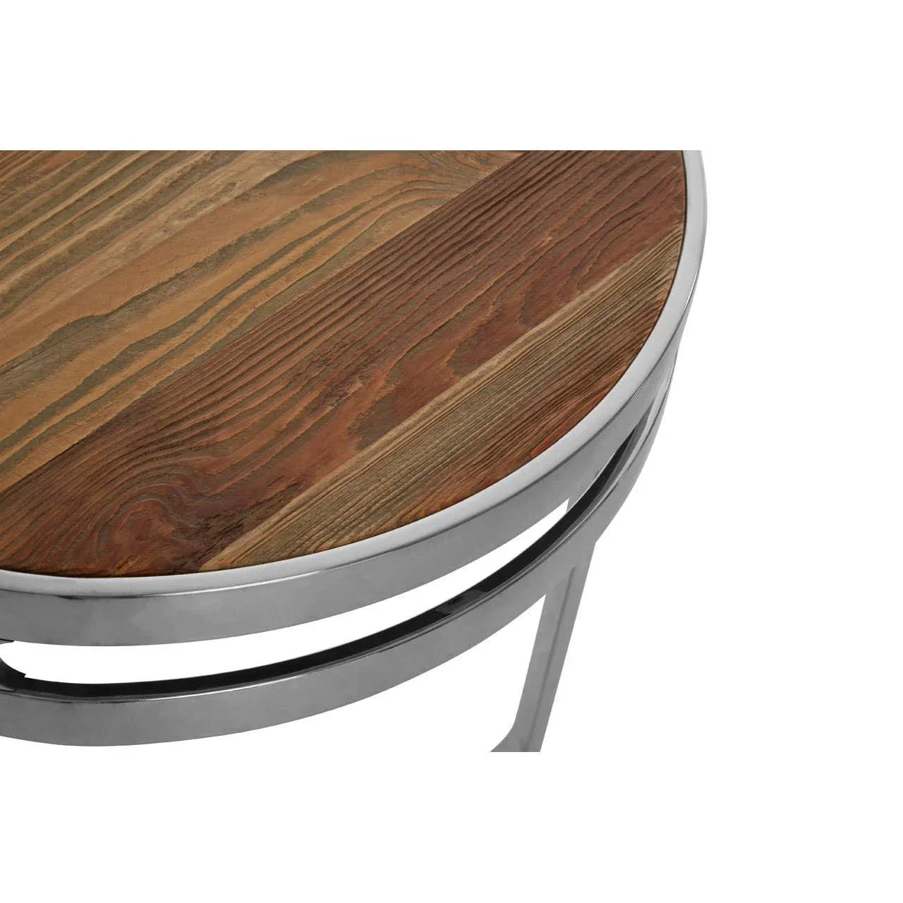 Round side table with wood top and metal frame, close view of tabletop texture