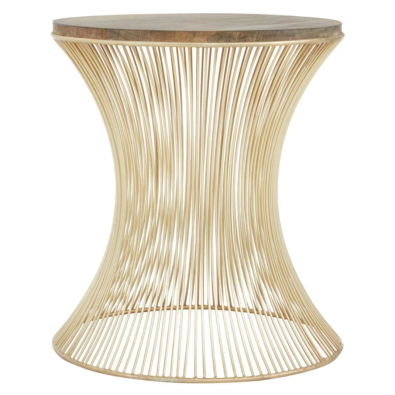 Round gold wire side table with wood top and sculpted base, modern accent furniture