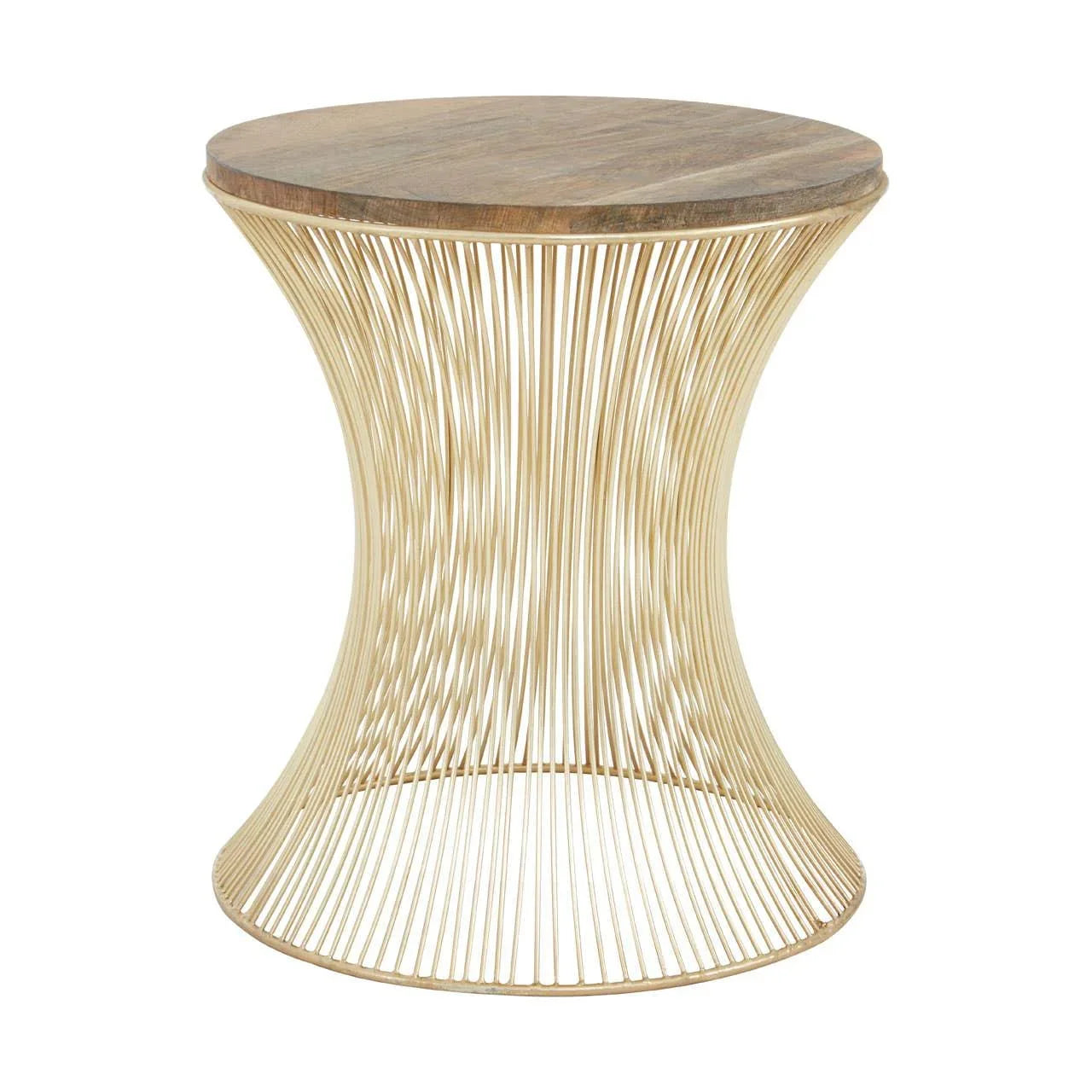 Round wire side table with gold metal base and natural wood top, modern accent furniture