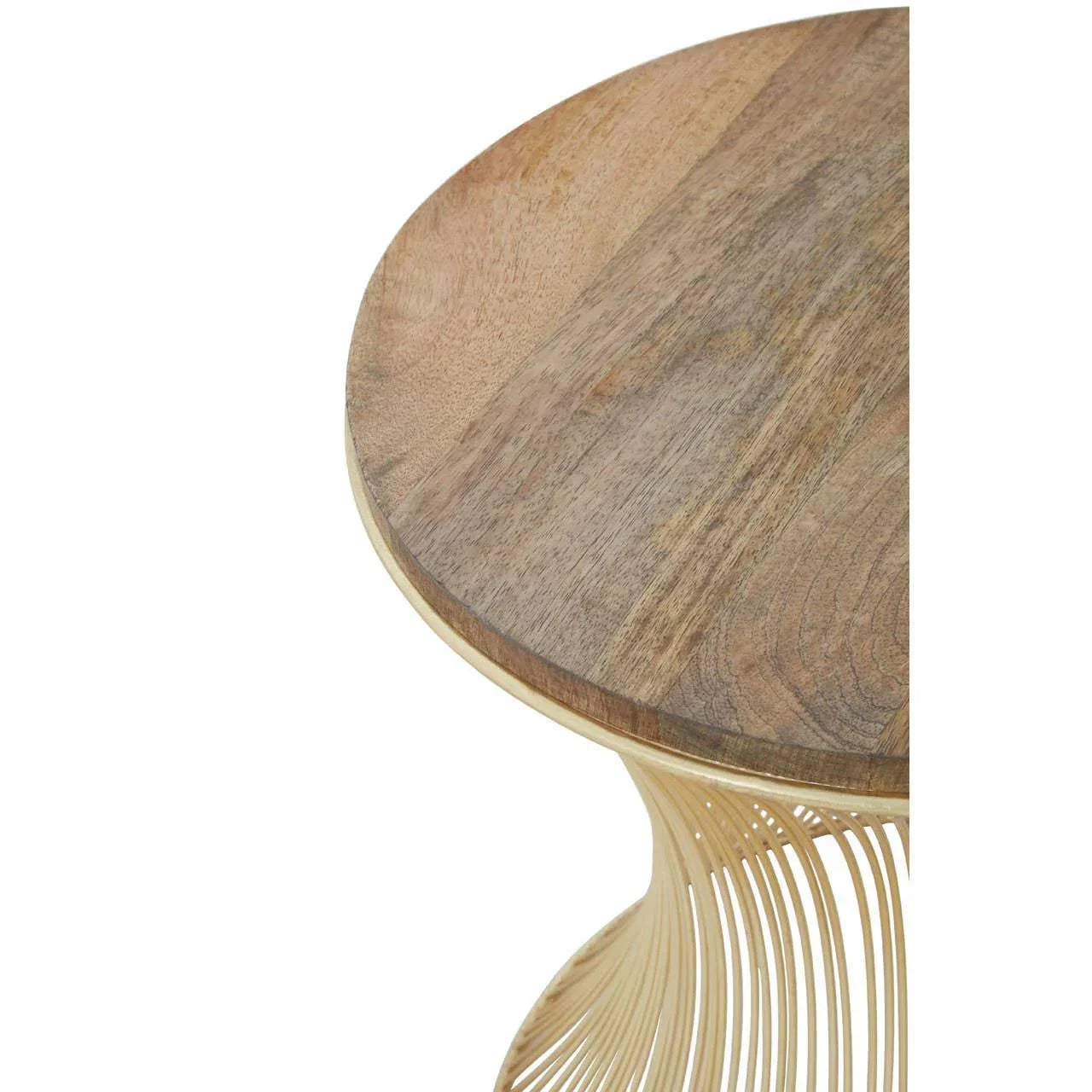 Round wooden side table with natural finish and gold wire metal base, close-up view
