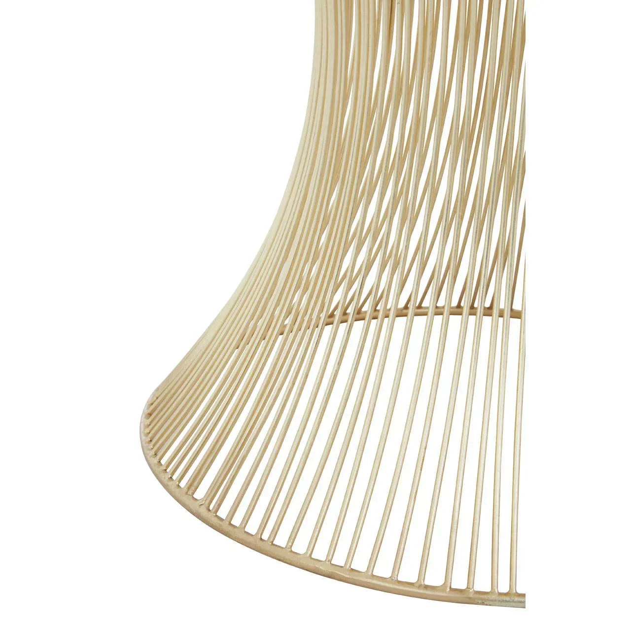 Curved metal table base with gold finish, open wire design, close up view