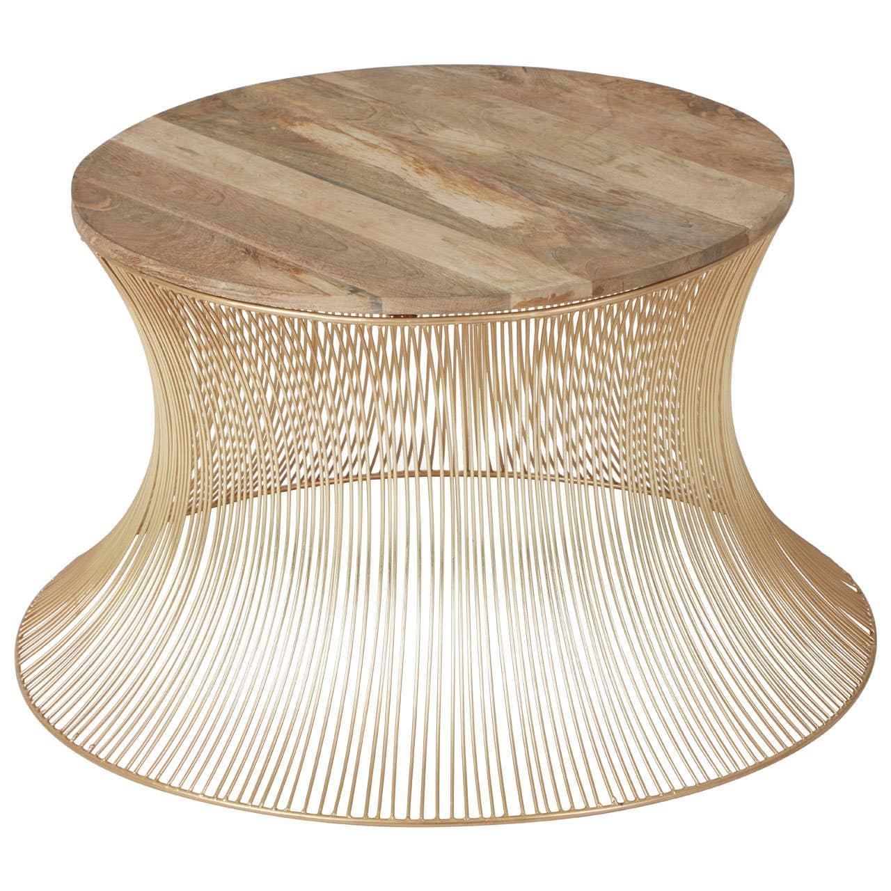 Round coffee table with wooden top and gold metal wire base, modern living room furniture