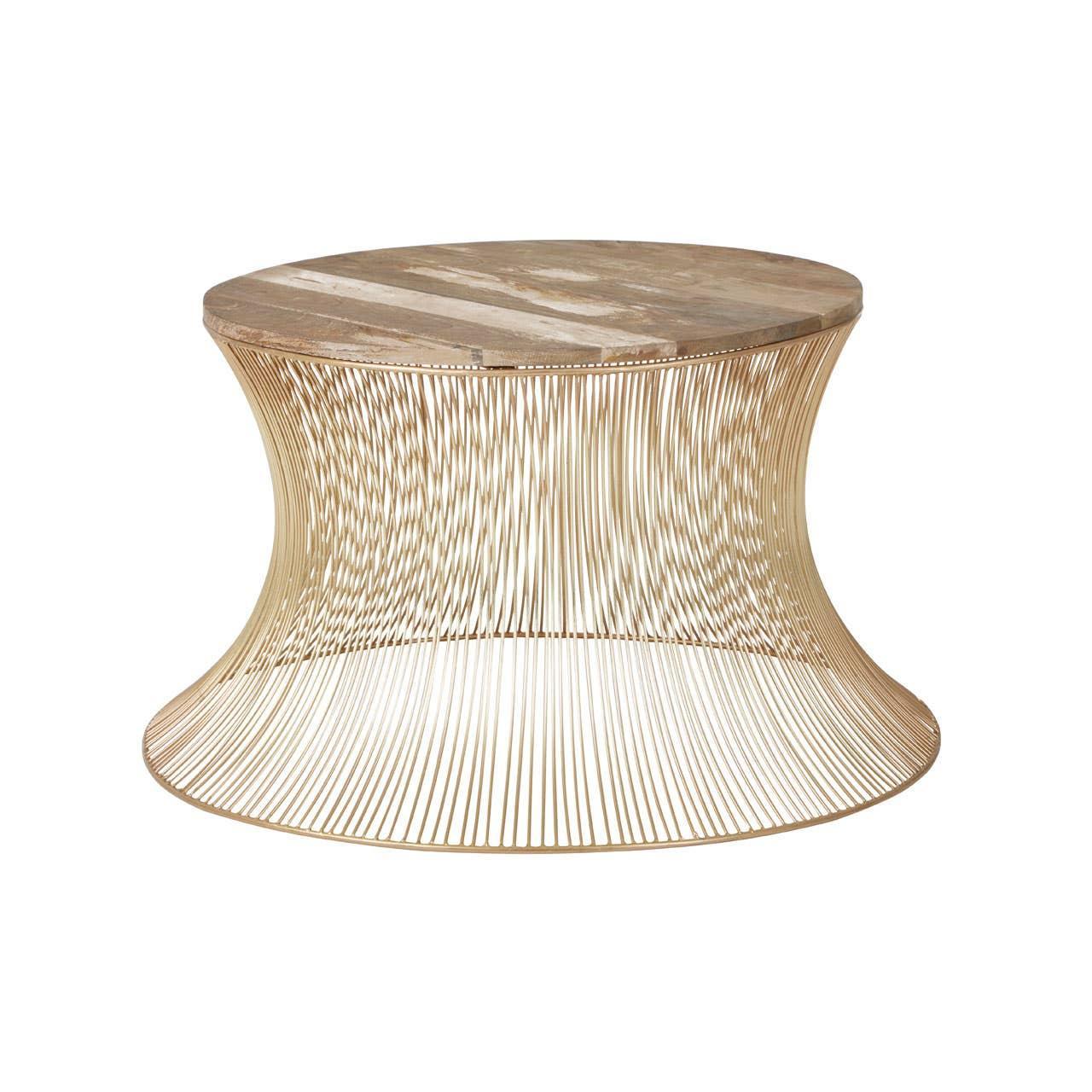 Round coffee table with gold wire base and light wood top