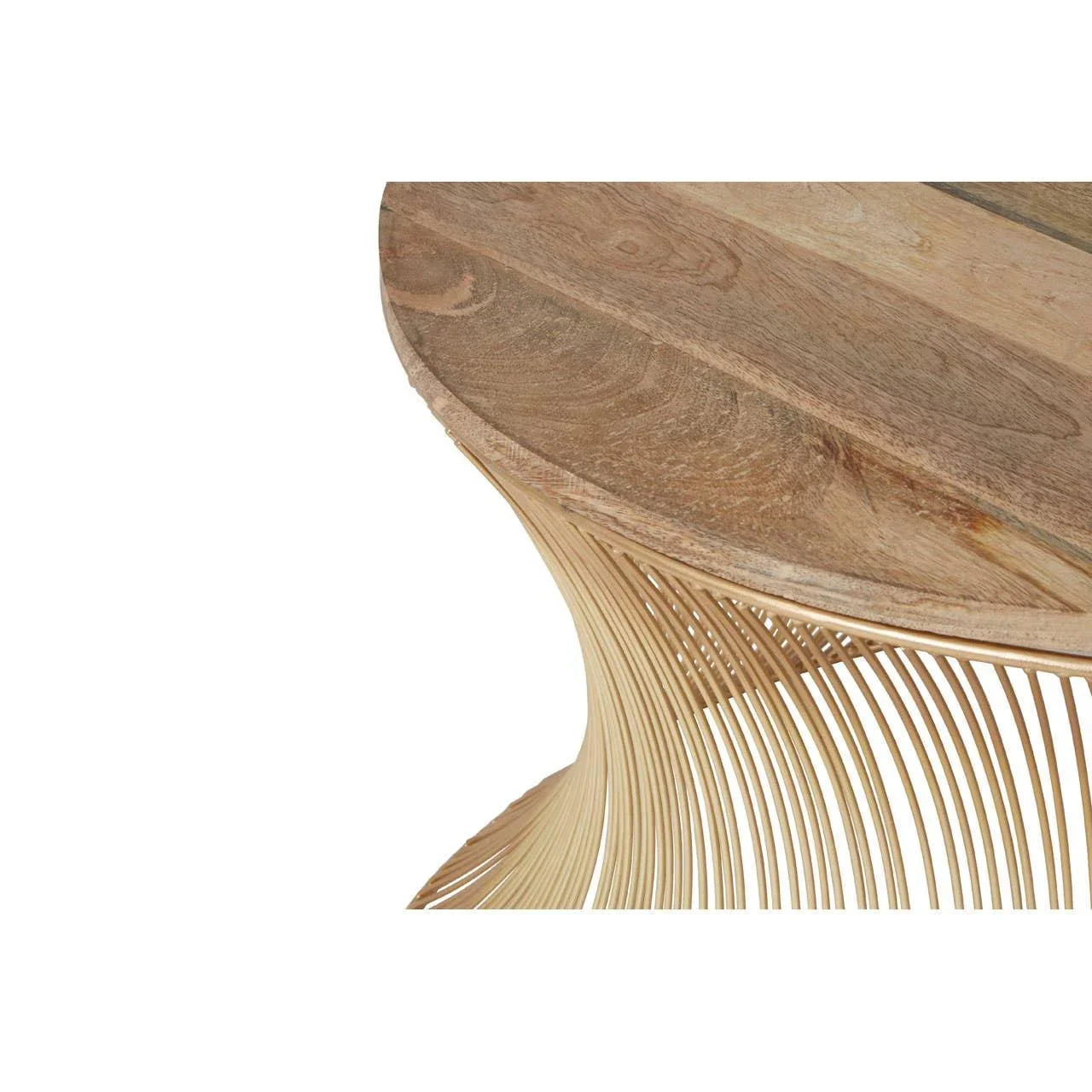 Round wooden table with natural wood grain top and curved rattan base, close-up view
