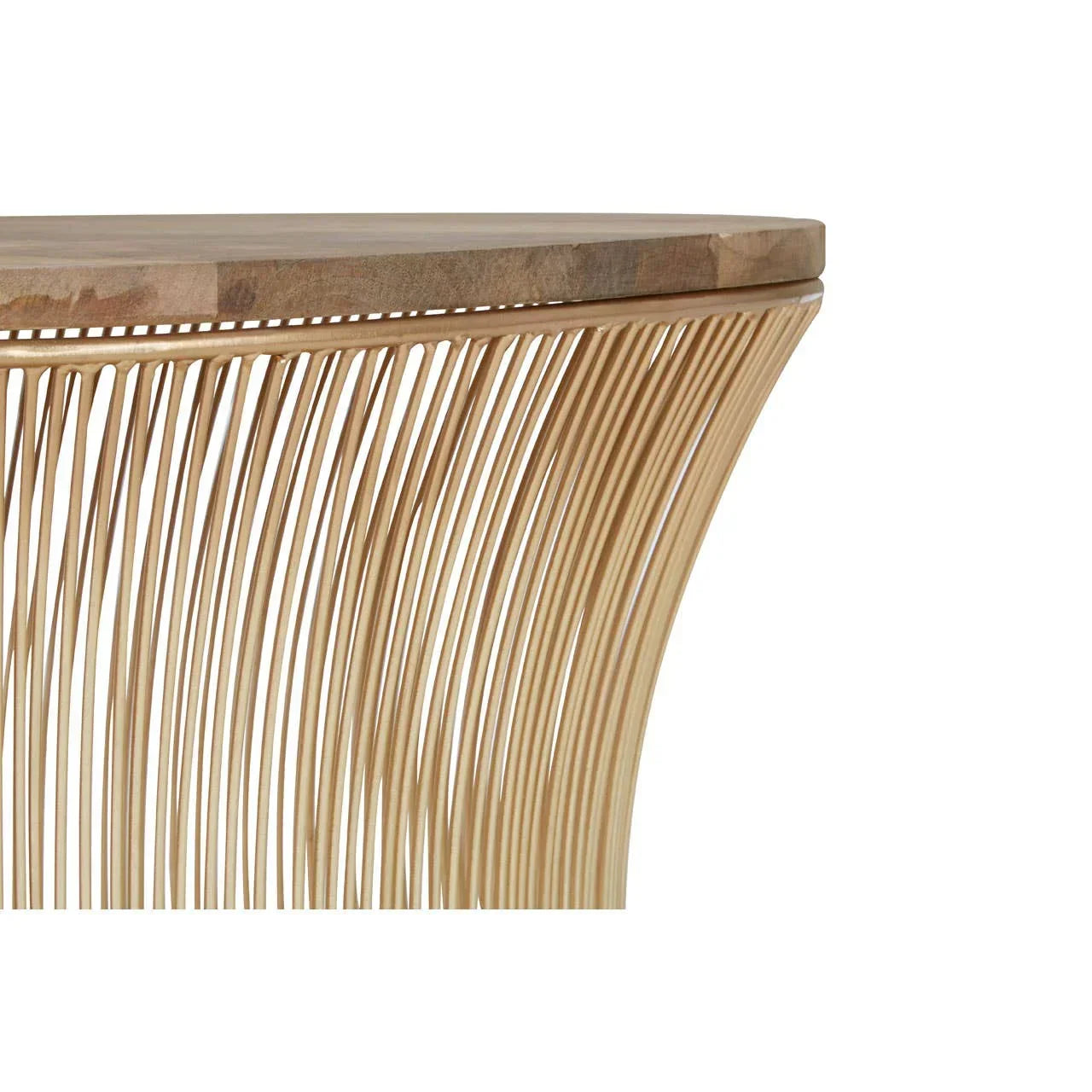 Round dining table with solid wood top and curved metal wire base in natural finish