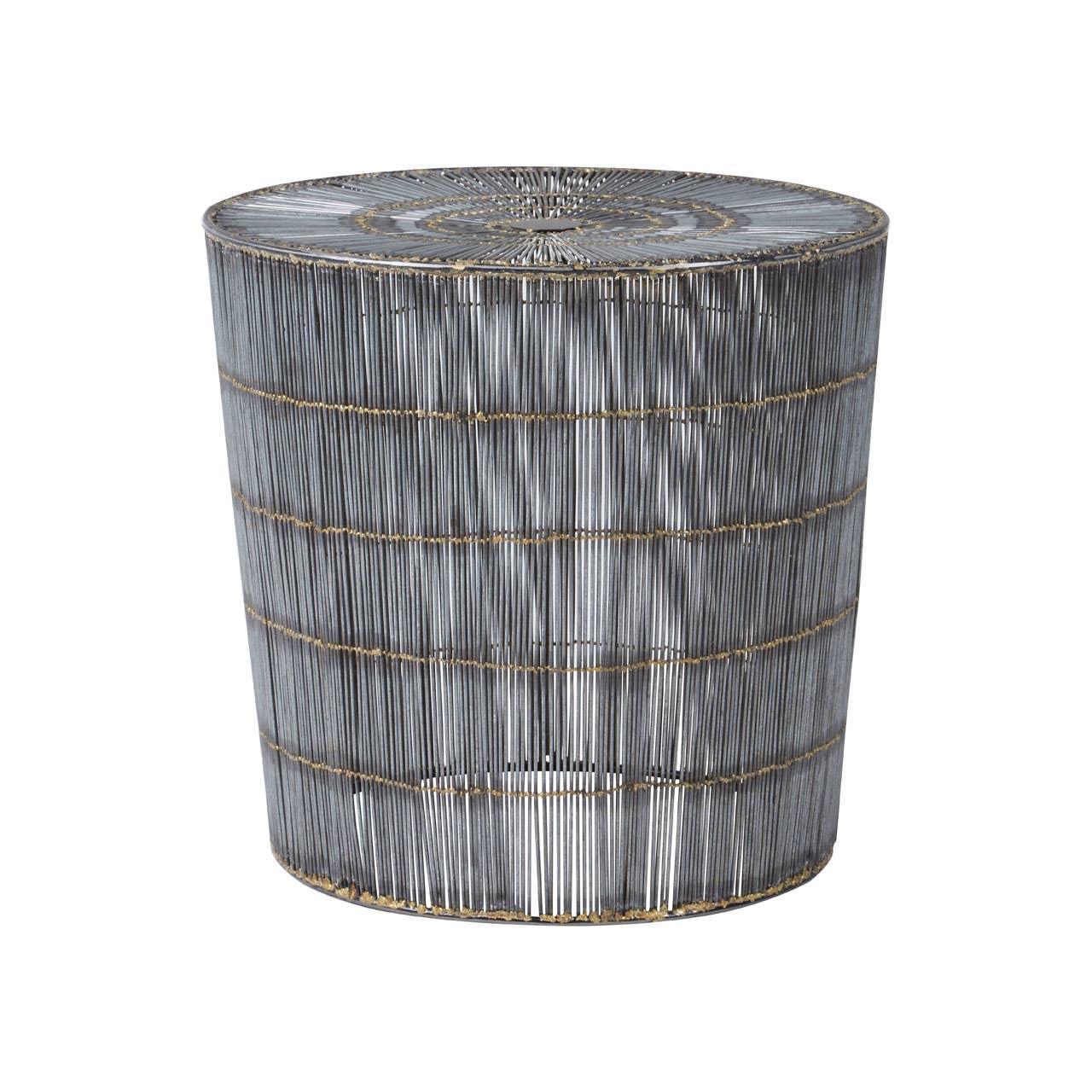 Round metal side table with vertical wire design and textured top, silver finish