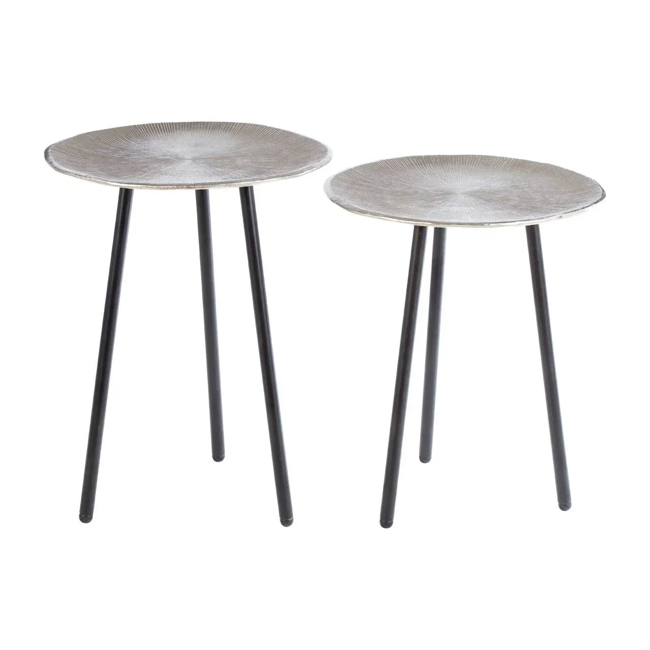 Set of two metal side tables with textured silver tops and black tripod legs