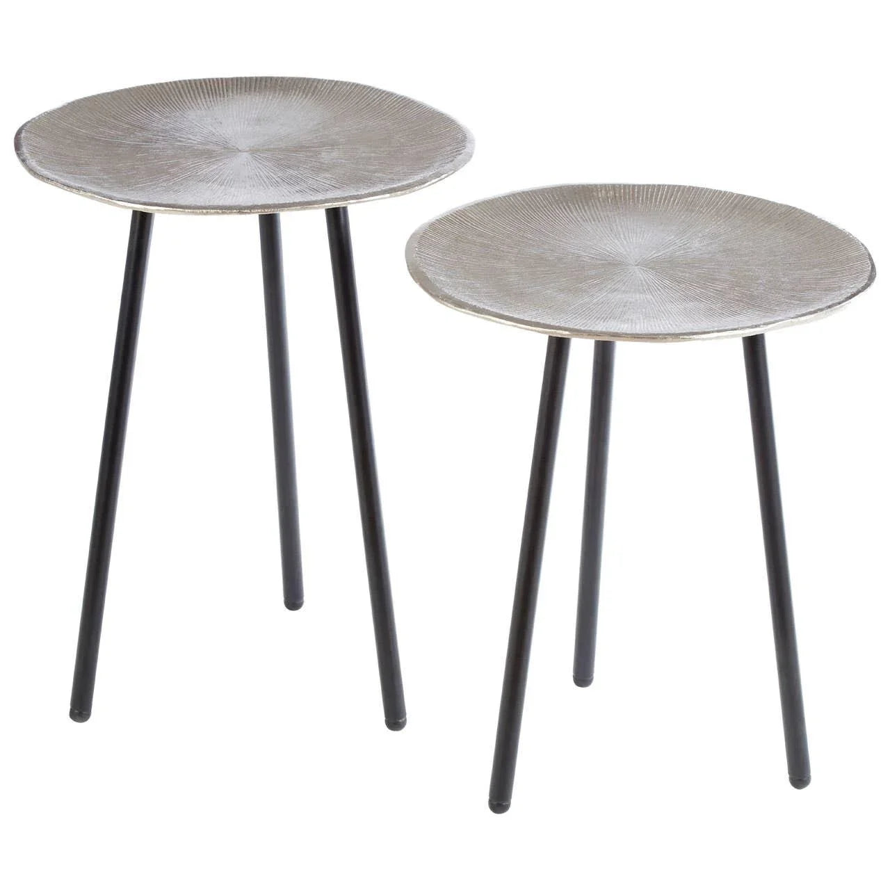 Set of two round metal side tables with textured tops and black tripod legs