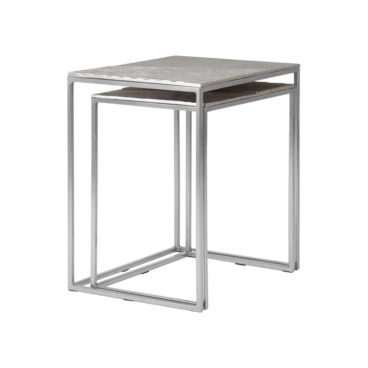 Set of two silver metal nesting tables with hammered tabletops and open square frames