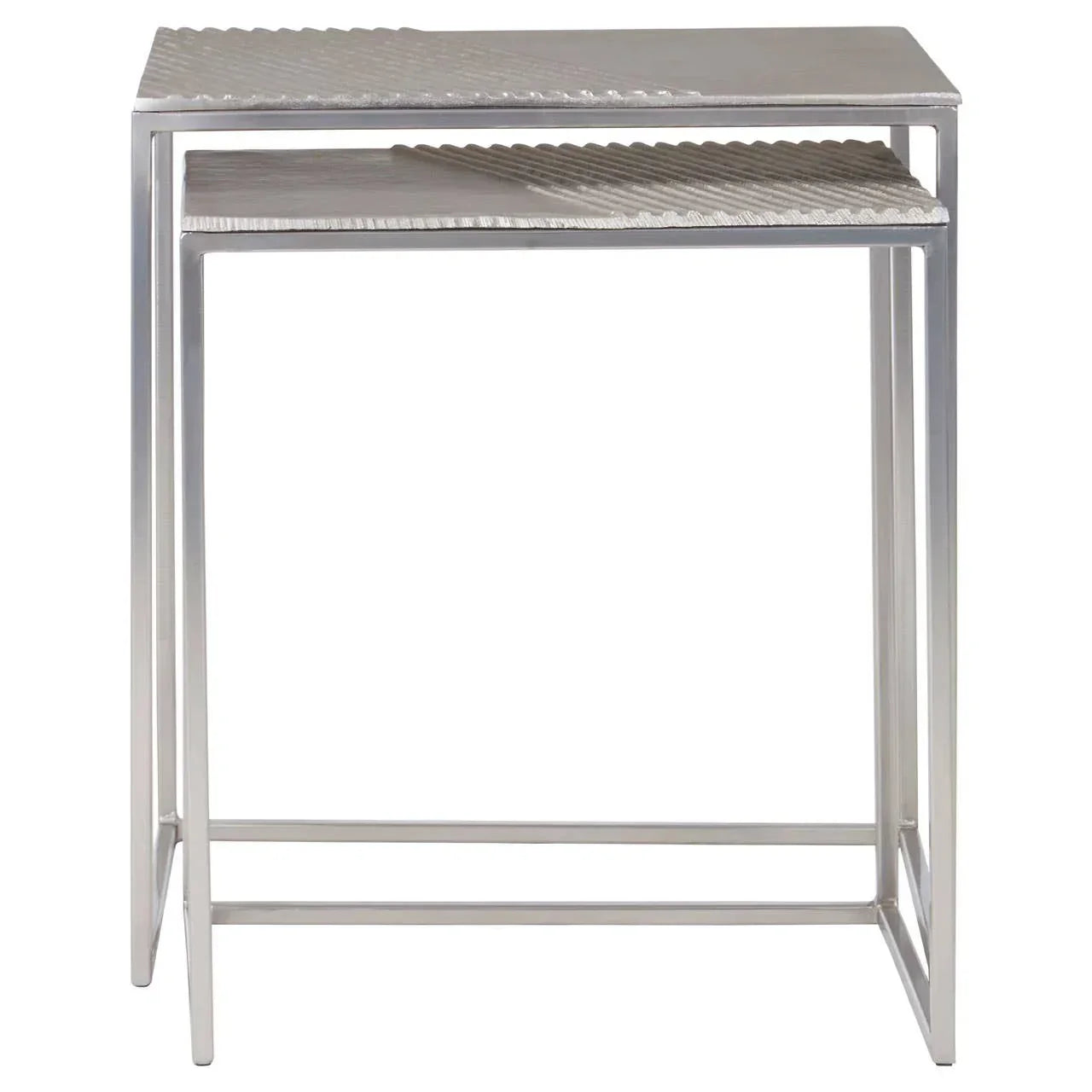 Silver metal nesting tables with textured rectangular tops and minimalist frame