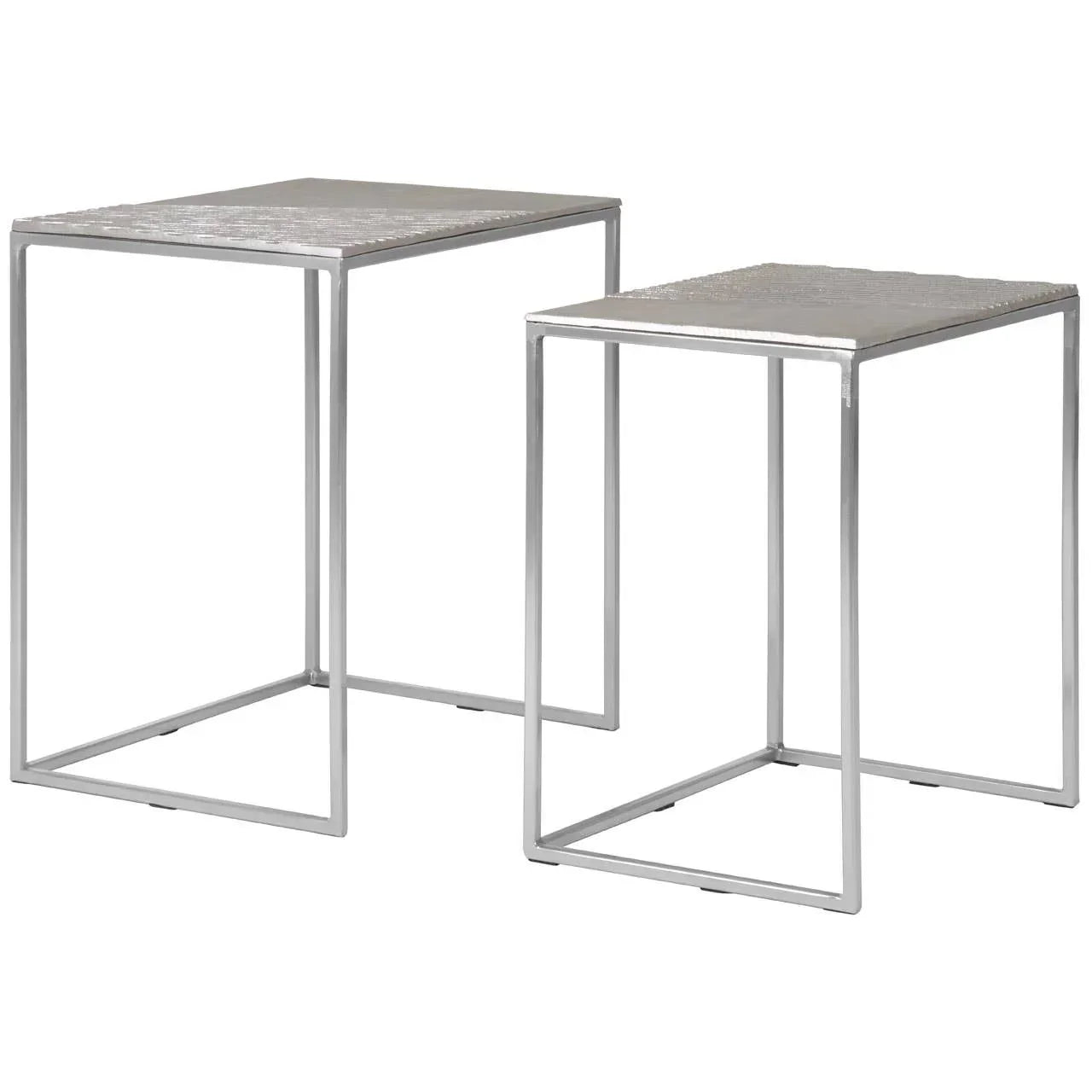 Set of two modern nesting tables with silver metal frame and textured square tops