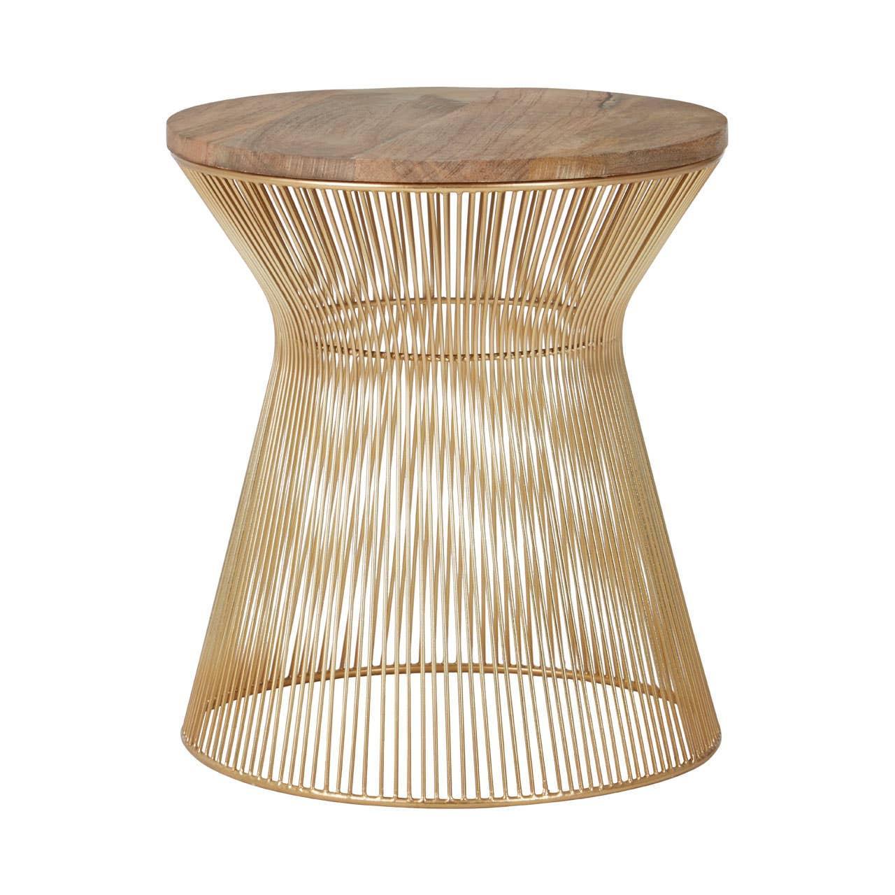 Round side table with natural wood top and gold metal wire base, modern accent furniture