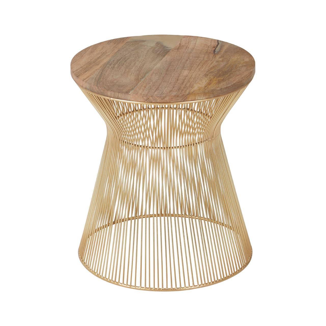 Round wooden top side table with gold metal wire base, modern accent furniture