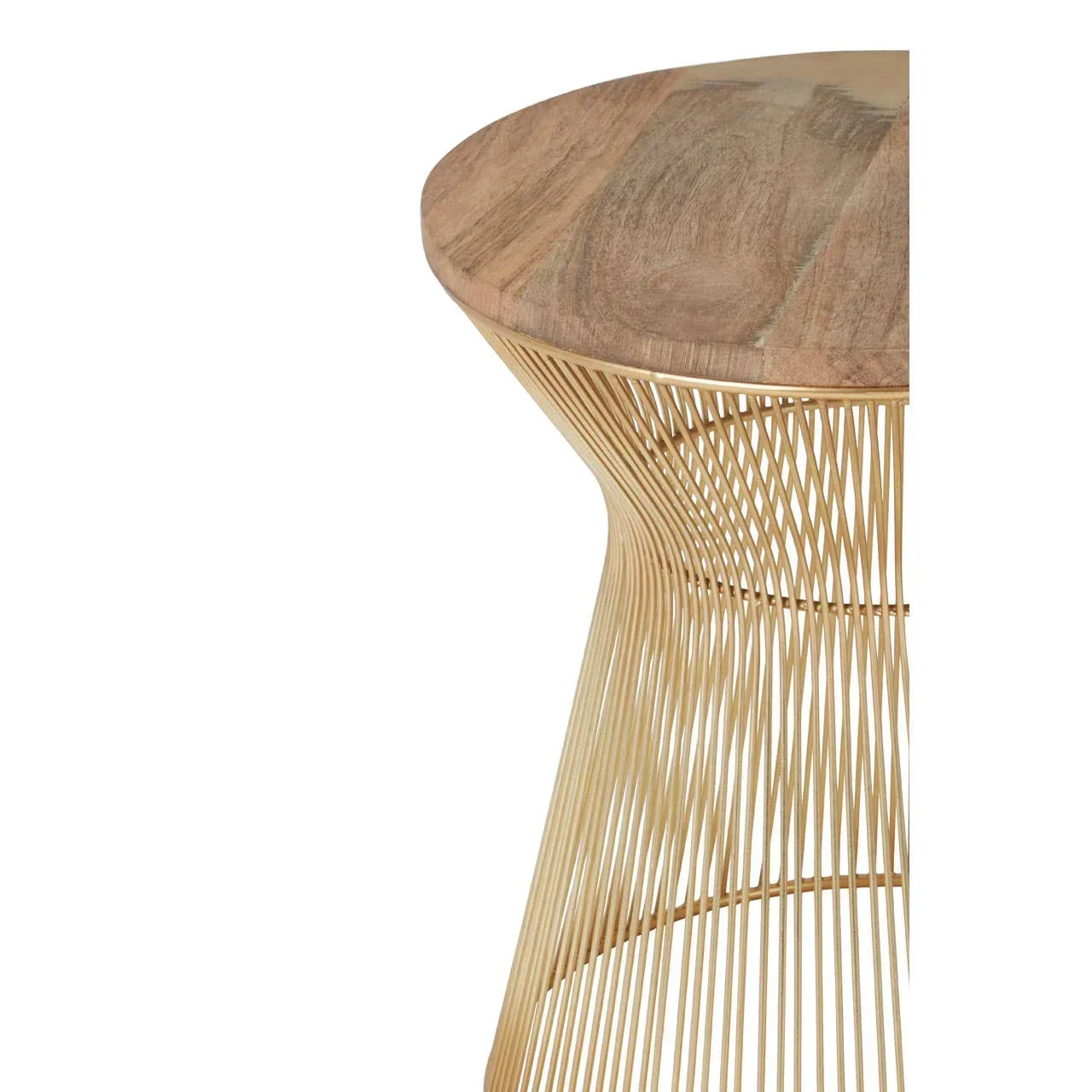 Round side table with wooden top and gold metal wire base, angled view