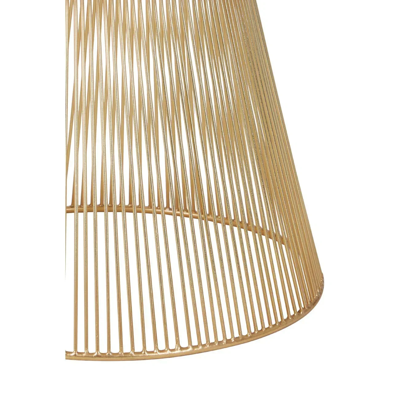 Gold metal wire lampshade with vertical rods and open base, closeup view