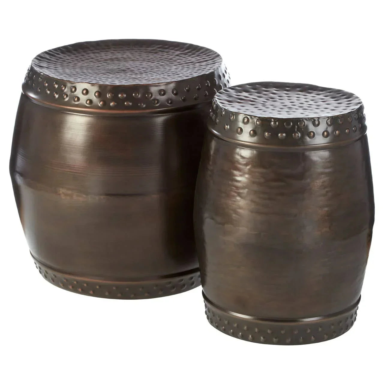 Set of two bronze metal drum side tables with hammered tops and decorative rivet accents