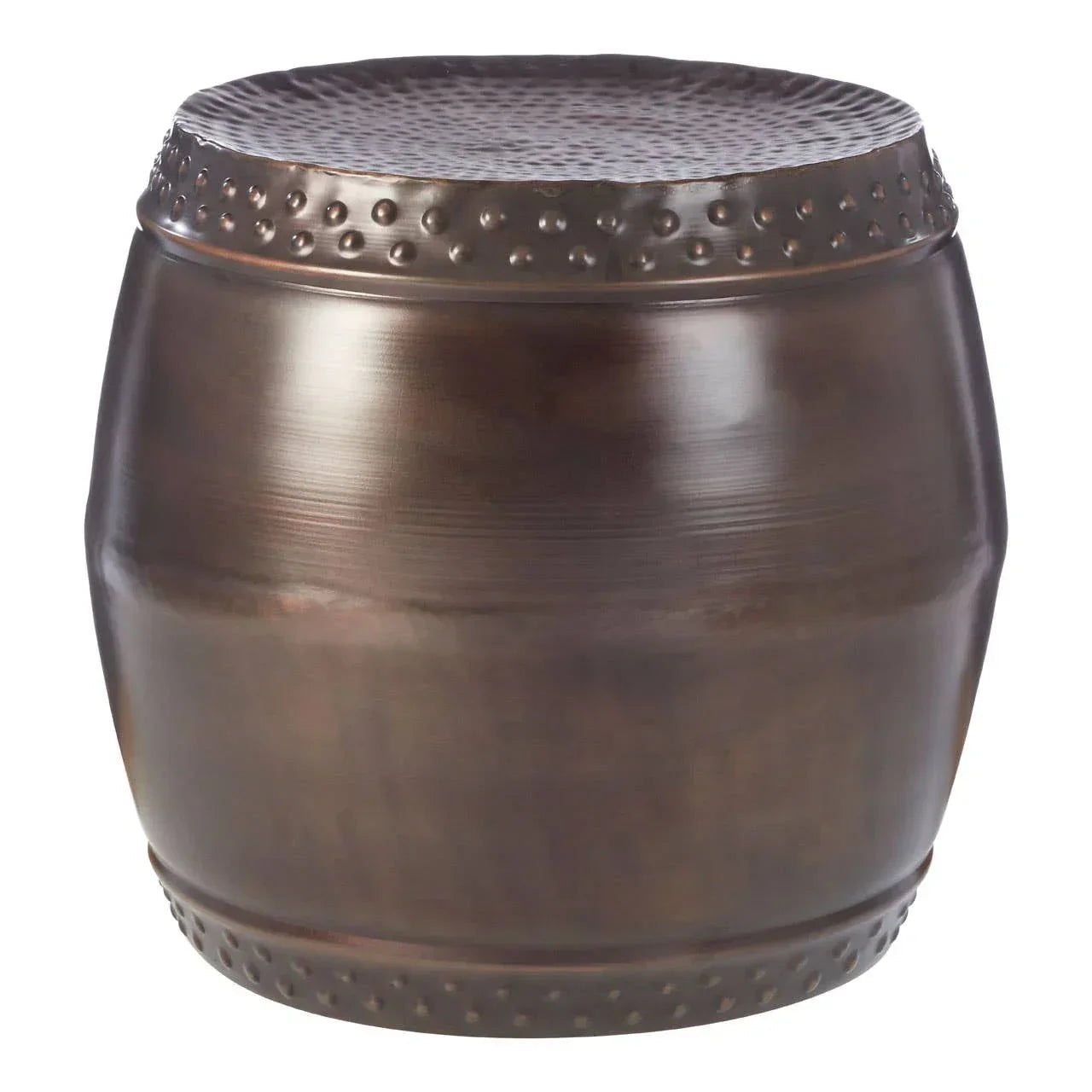 Brown metal side table with hammered top and textured base detailing