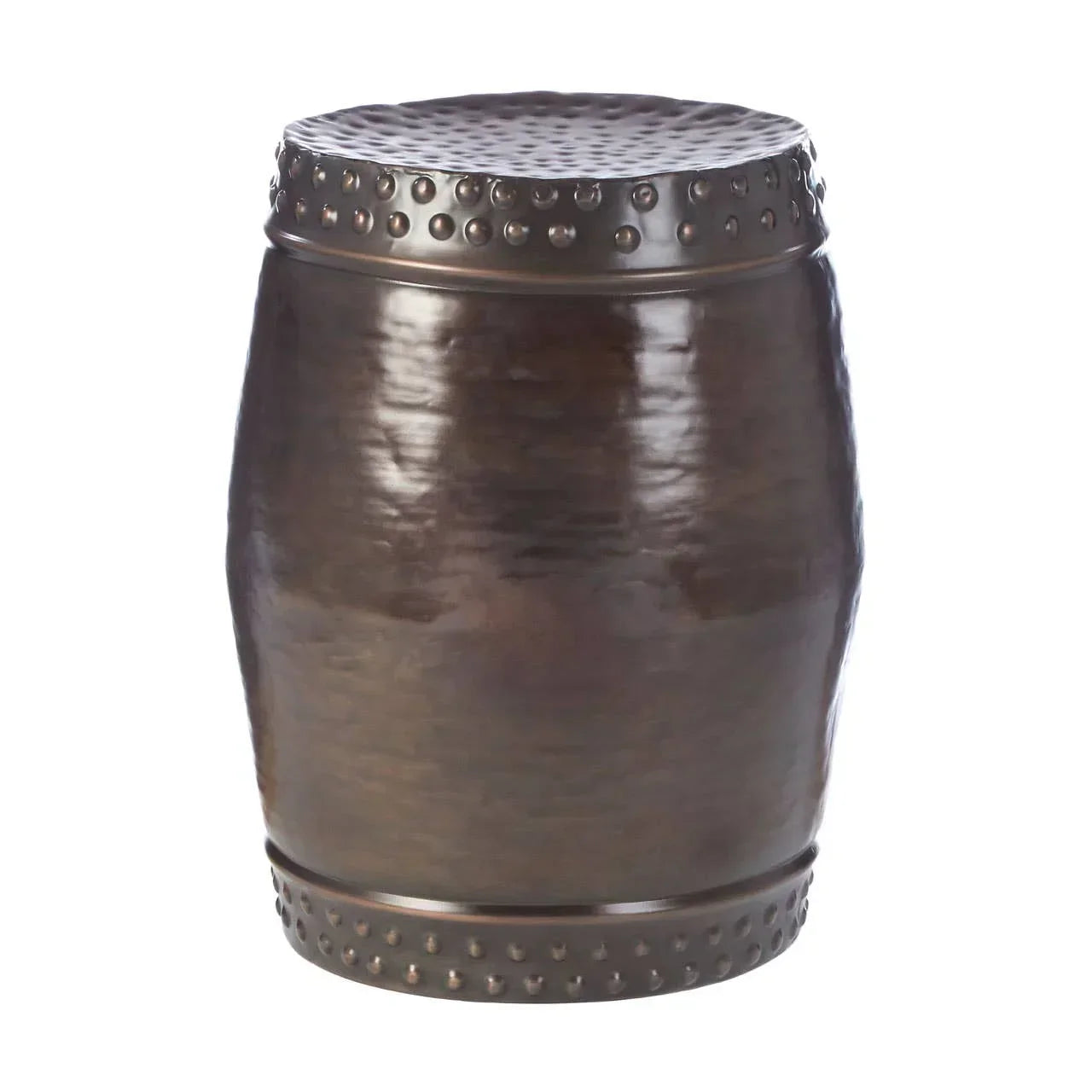 Brown metal drum side table with hammered finish and rivet detail on top and bottom edges