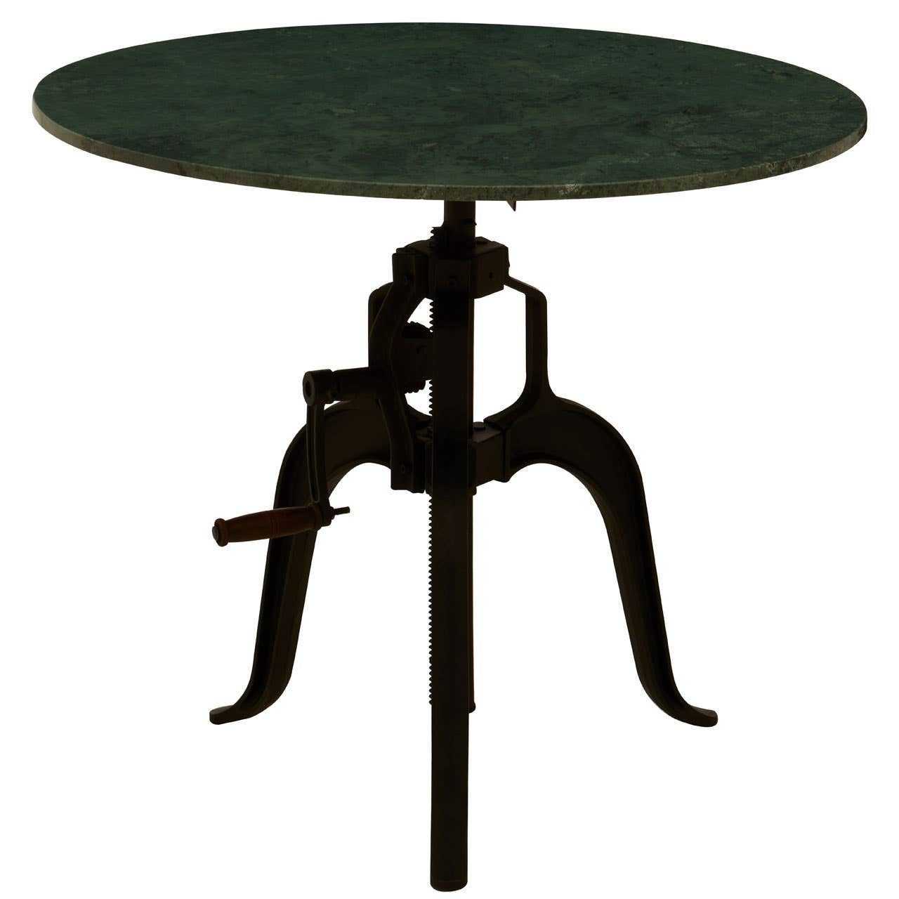 Small bar table featuring a round green marble top supported by a black metal base with a vintage design, including a crank mechanism for height adjustment and elegantly curved legs