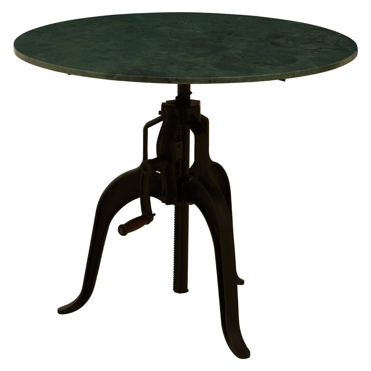 Small bar table featuring a round green marble top supported by a sturdy black metal base with a unique adjustable height mechanism and three curved legs