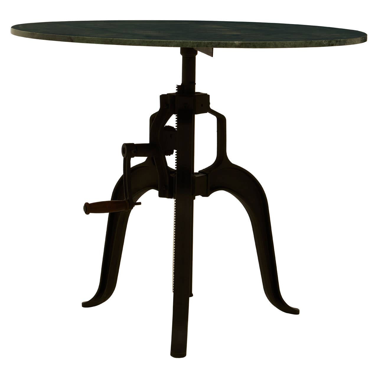 Small bar table featuring a round green marble top supported by a black metal base with a unique tripod design. The base has a vintage industrial look with curved legs and an adjustable height mechanism