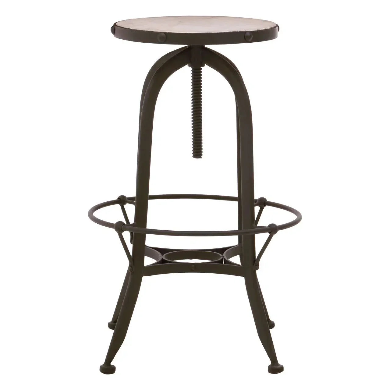 Industrial adjustable height bar stool with round wooden seat and metal frame