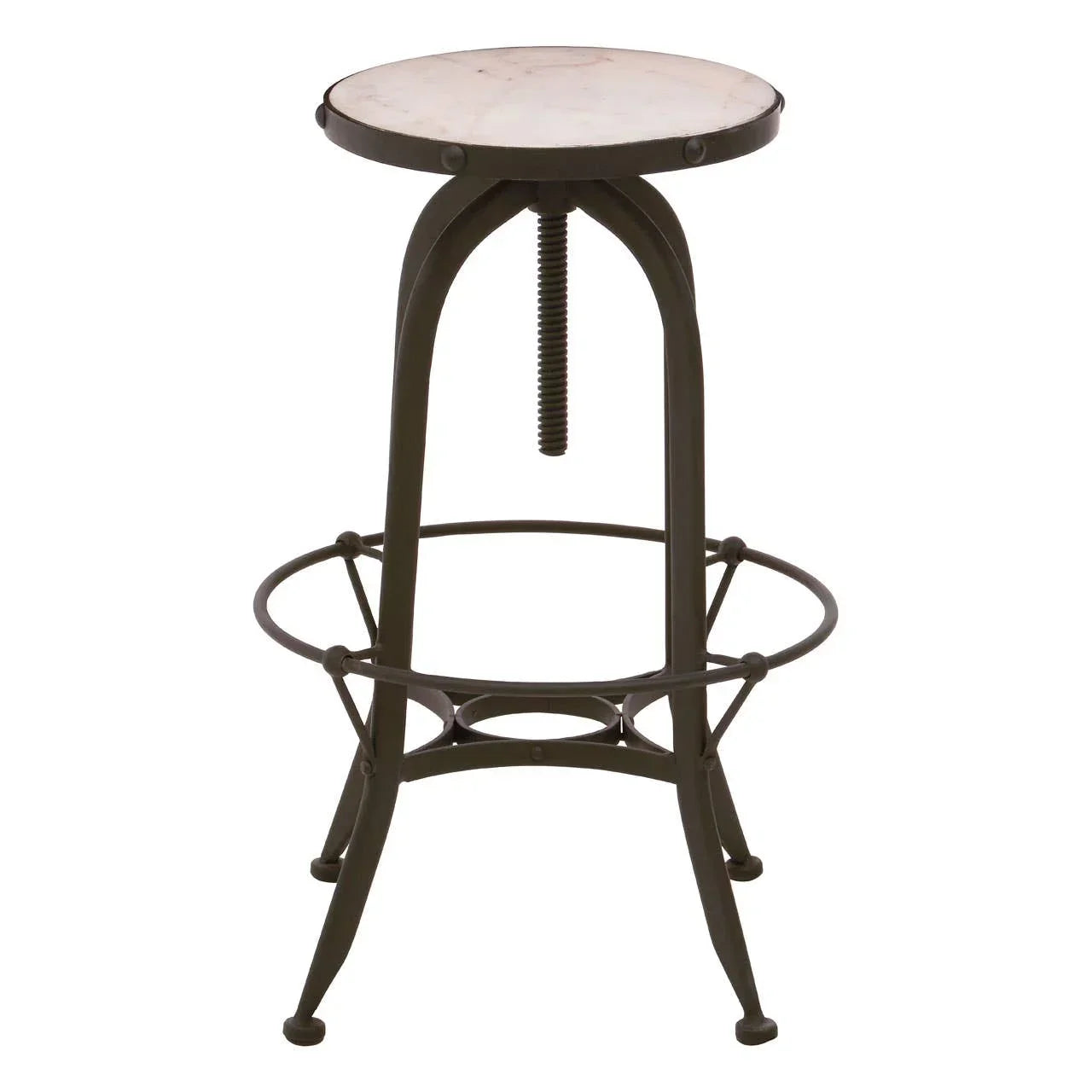 Industrial bar stool with round marble top and black metal frame, front angle view