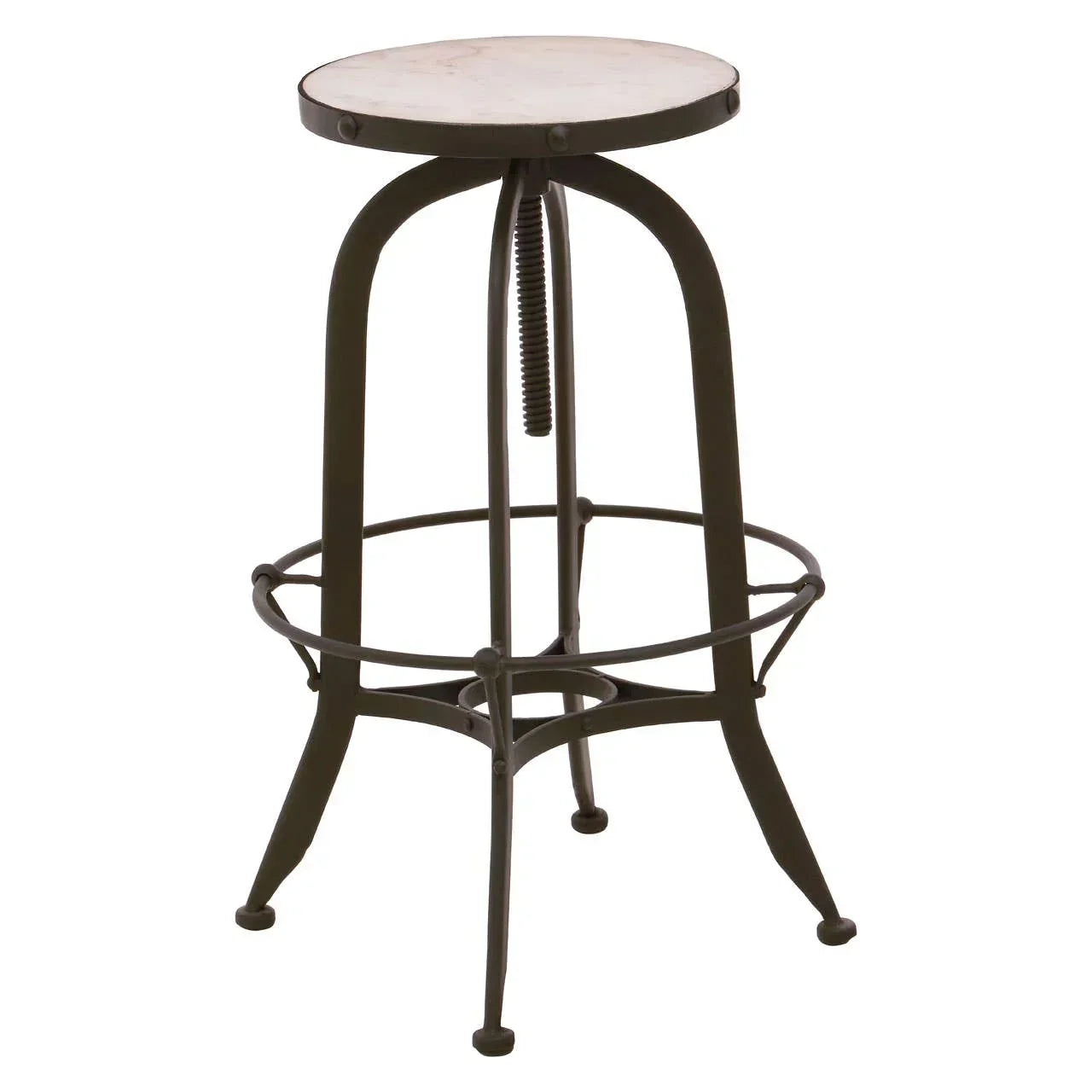 Industrial bar stool with round marble seat and black metal frame