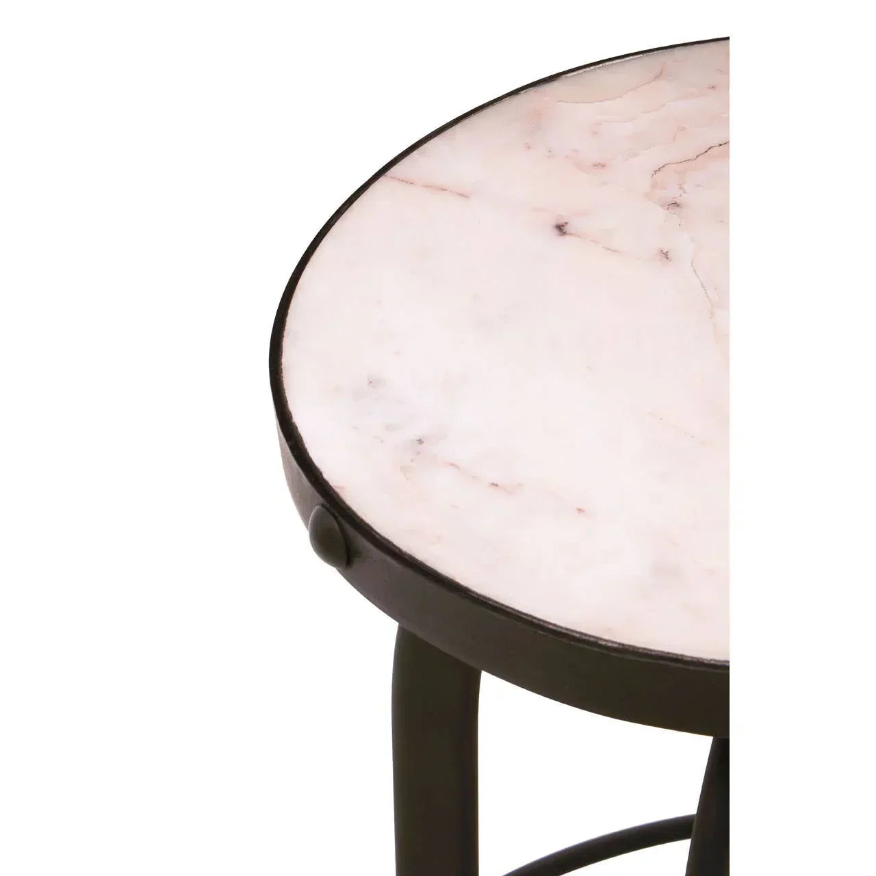 Round side table with white marble top and black metal frame