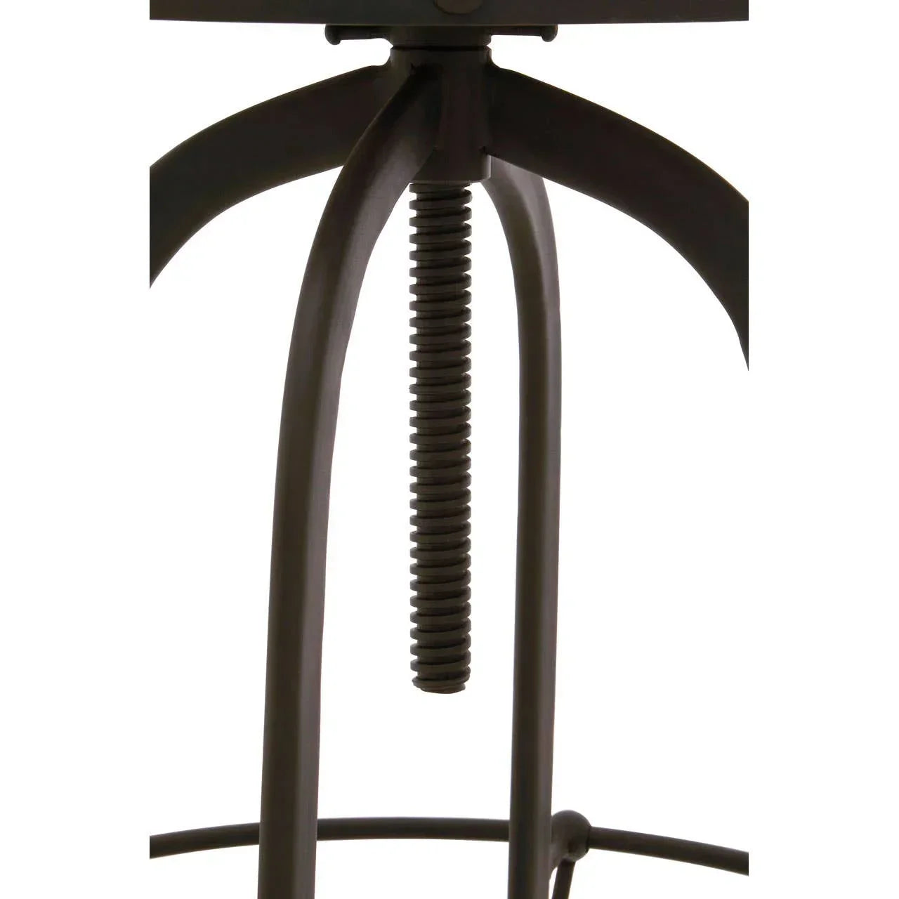 Closeup of metal stool base with screw height adjustment and curved legs