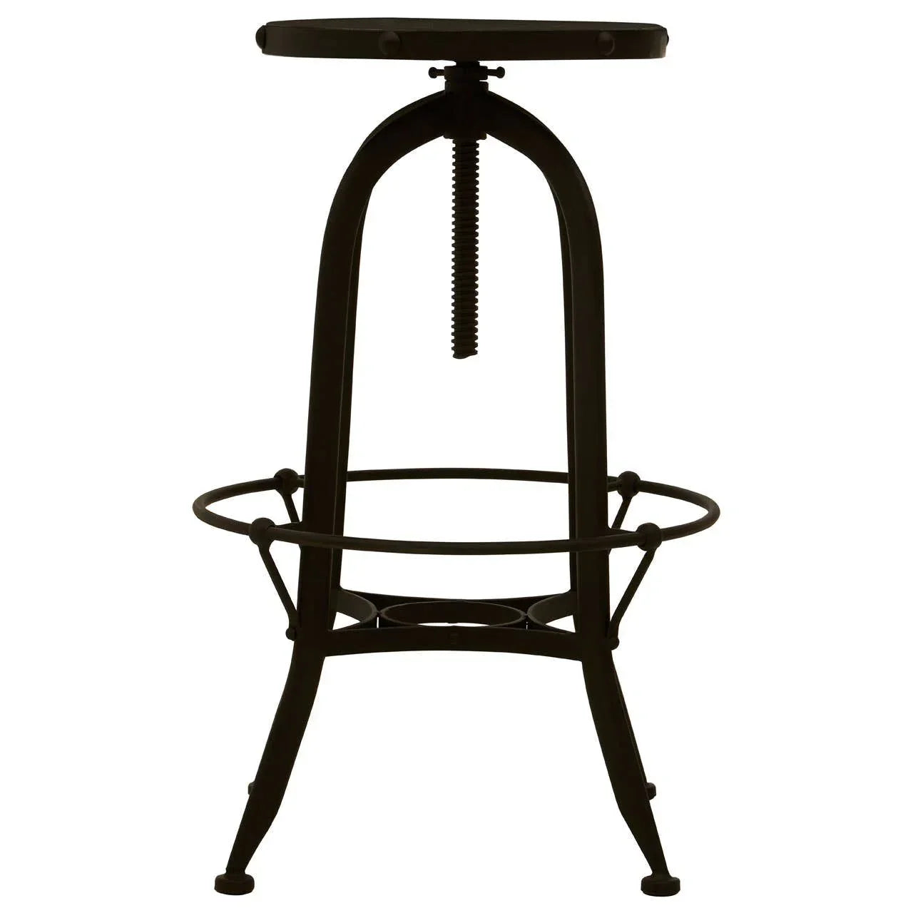 Black metal adjustable bar stool with round seat and footrest, front view