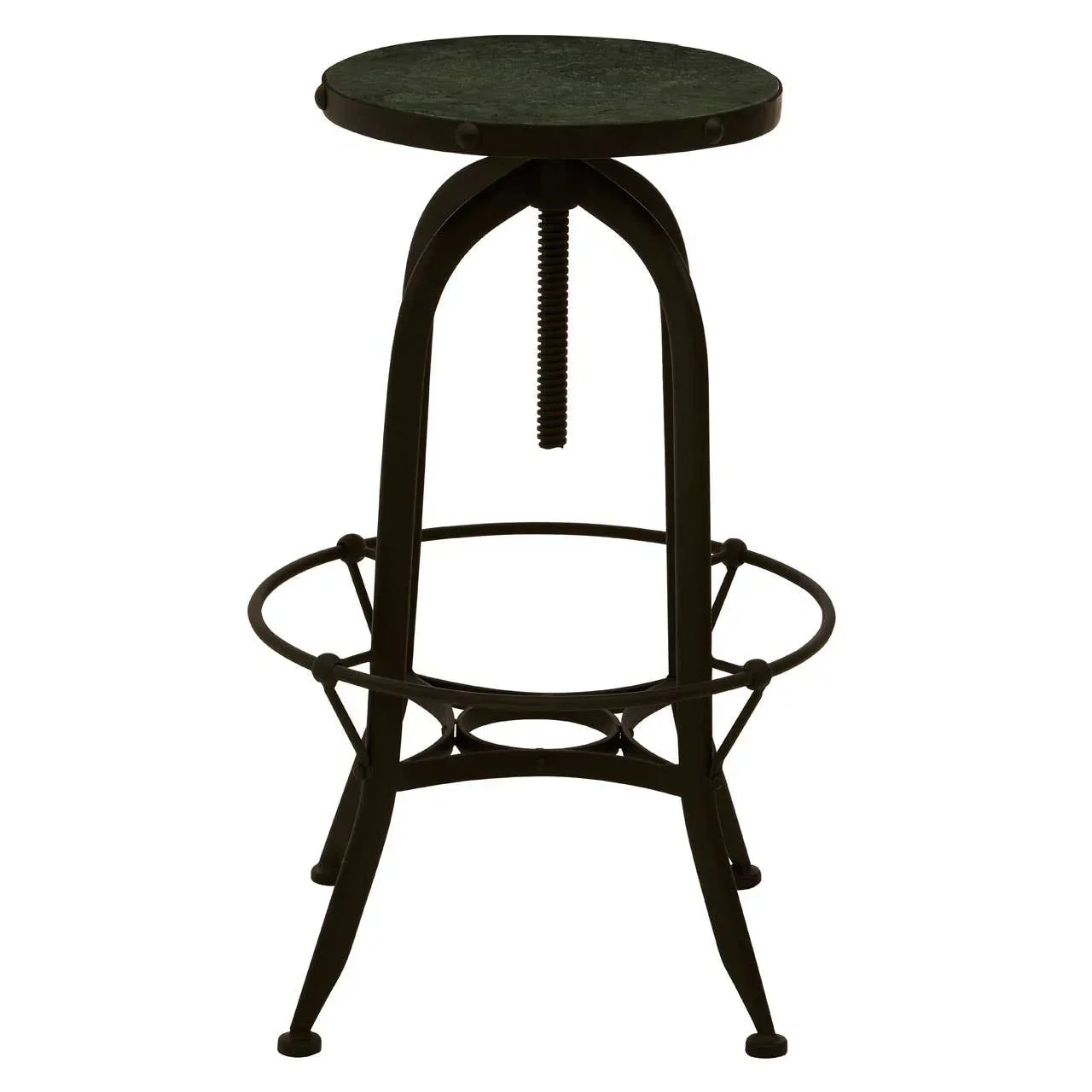 Adjustable black metal bar stool with circular footrest and round seat on white background