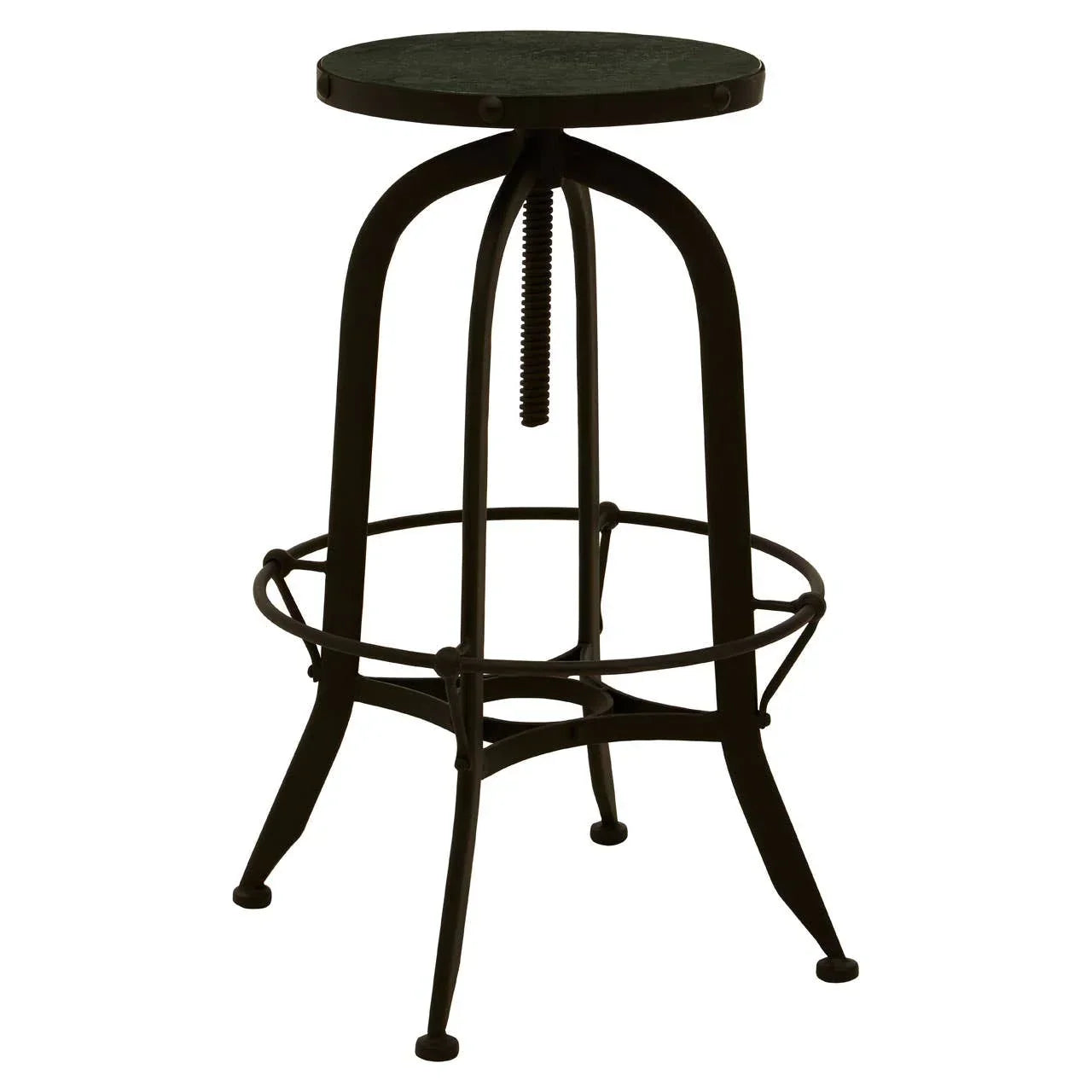 Industrial black metal bar stool with round seat and footrest