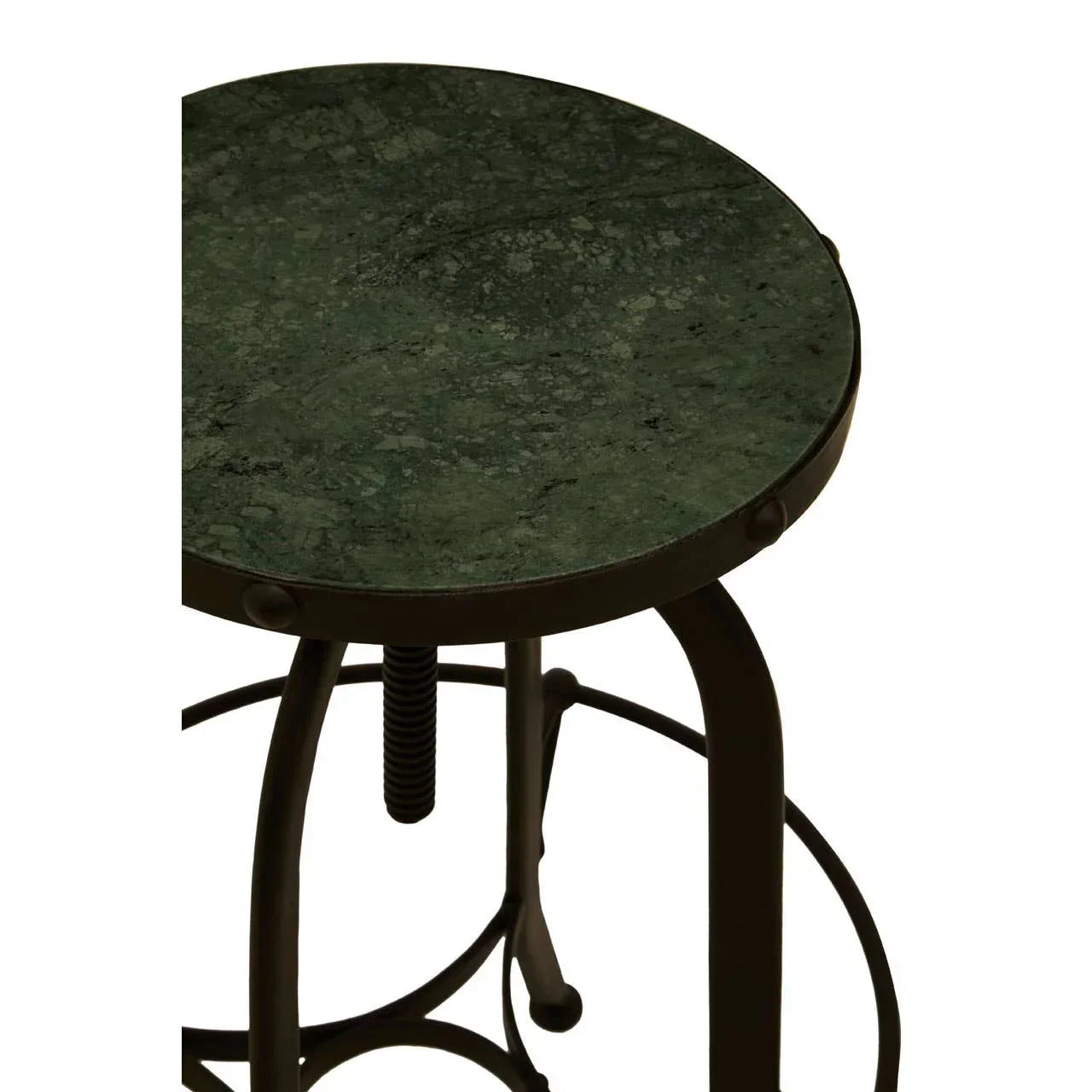 Green marble top bar stool with black metal frame and screw base detail