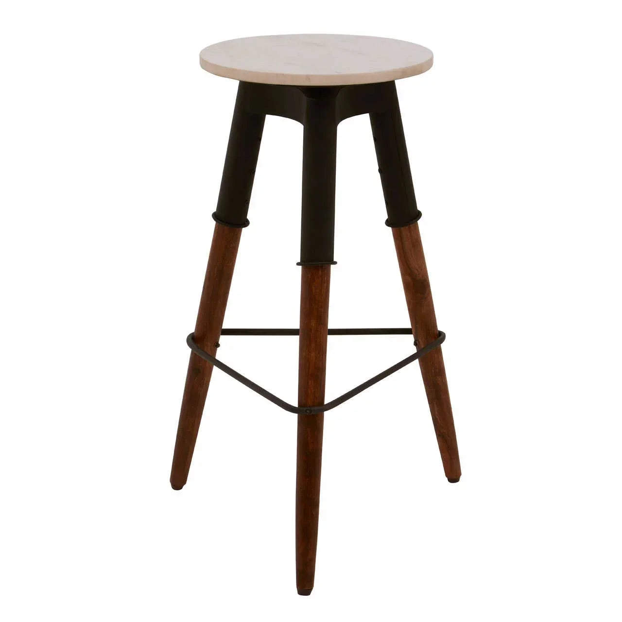 Industrial bar stool with round light wood seat, dark wood legs and black metal frame