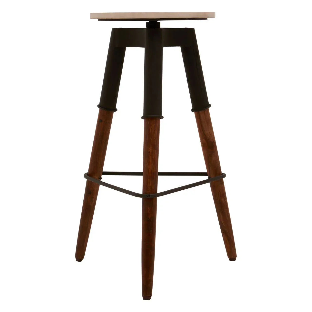 Industrial bar stool with wooden legs and black metal frame, round light wood seat