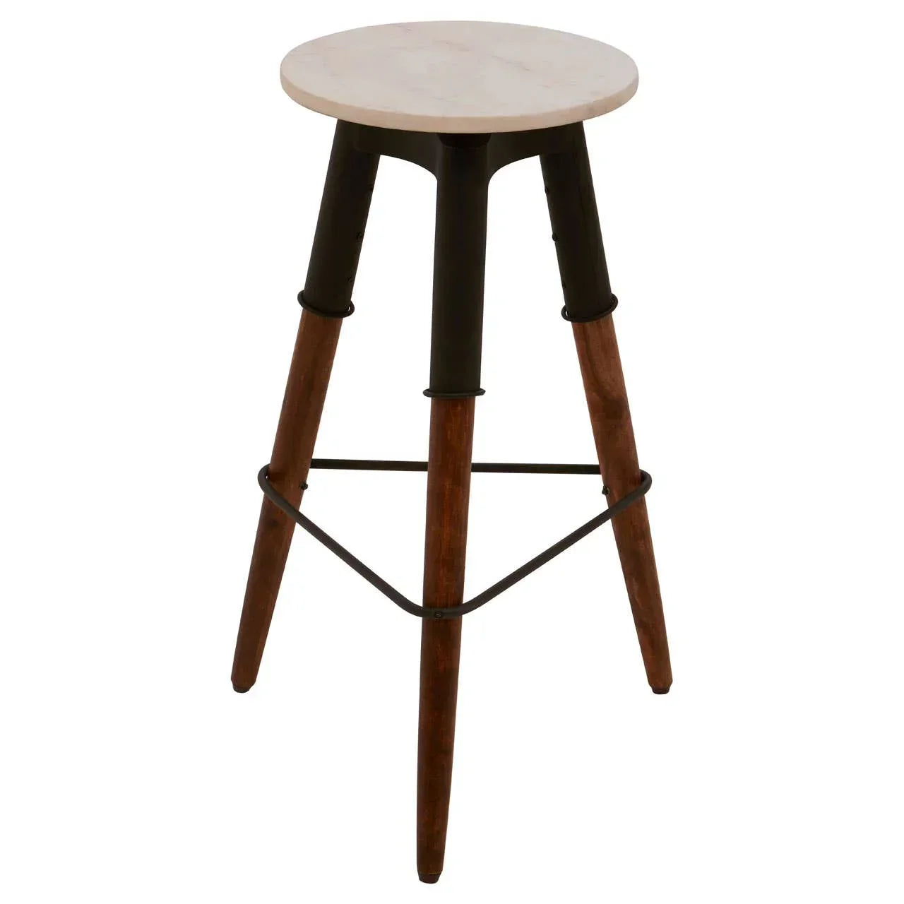 Wooden bar stool with round marble seat and black metal accent legs on white background