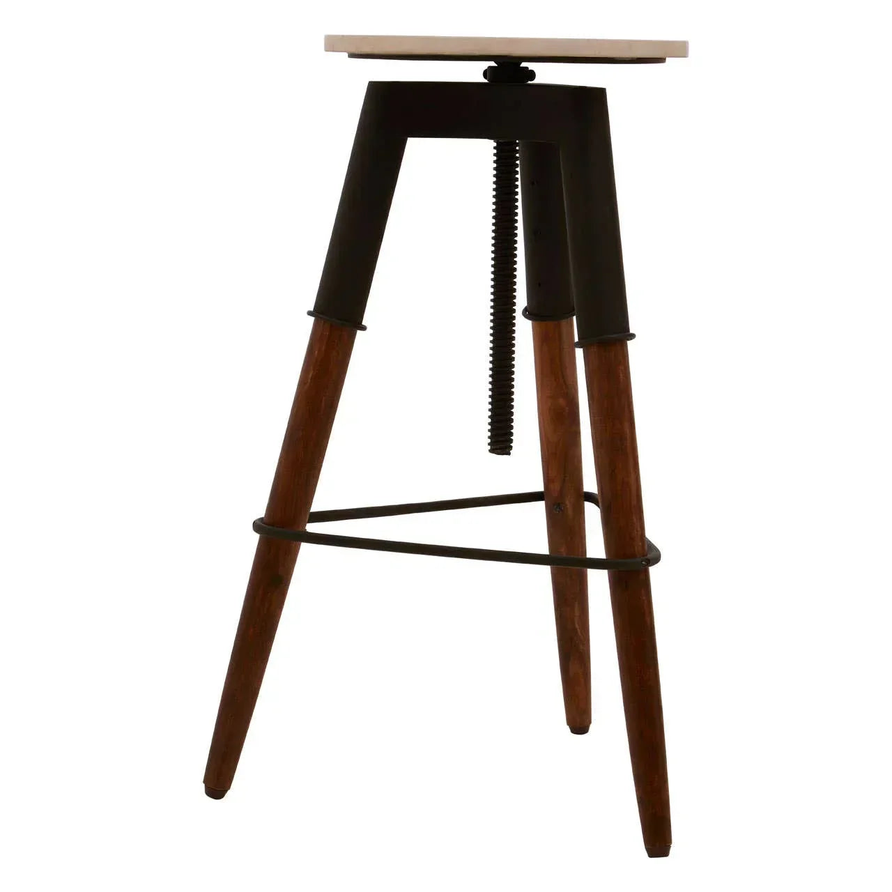 Industrial bar stool with wooden legs, black metal frame, adjustable screw seat
