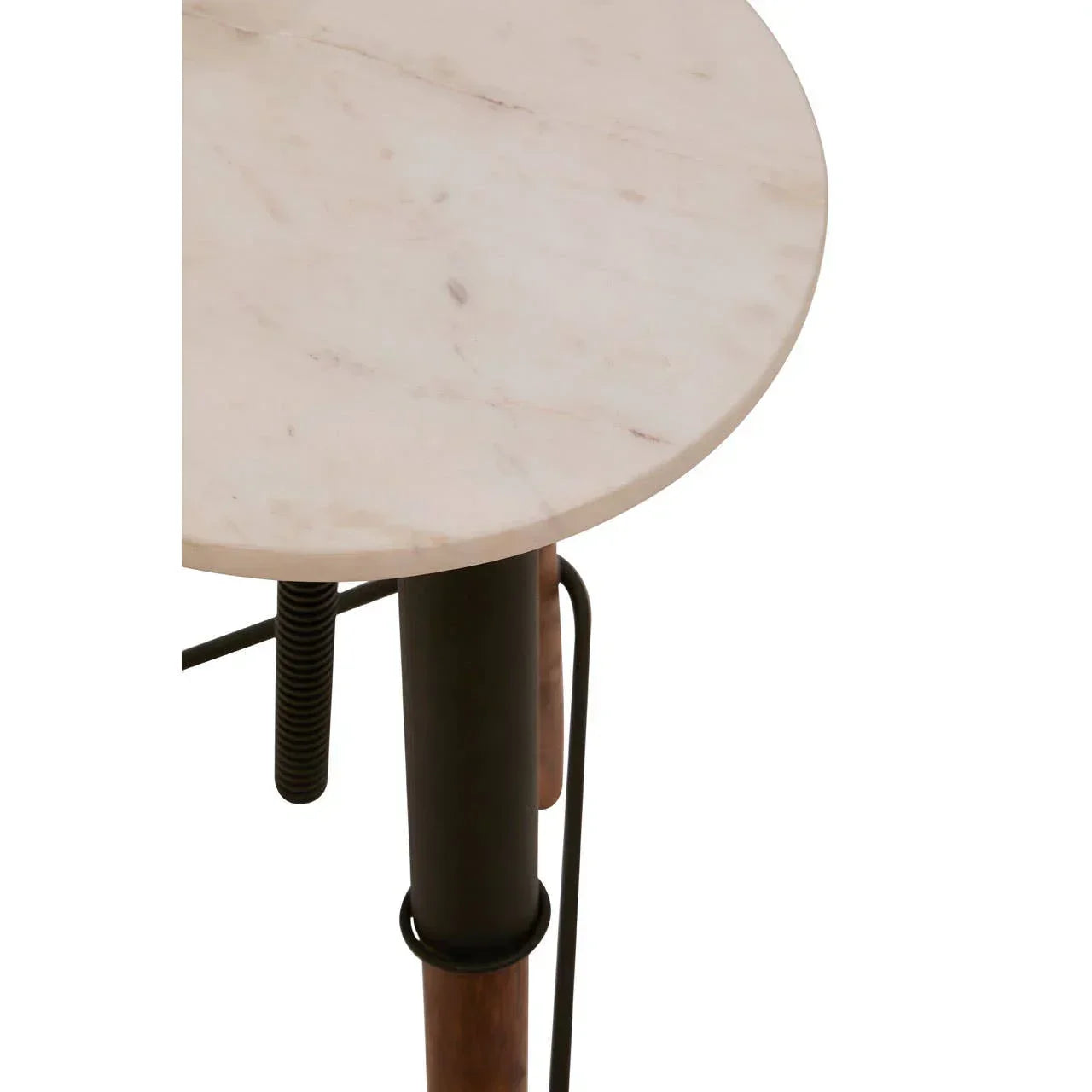 Round marble side table with black metal and wood legs, closeup of tabletop and frame