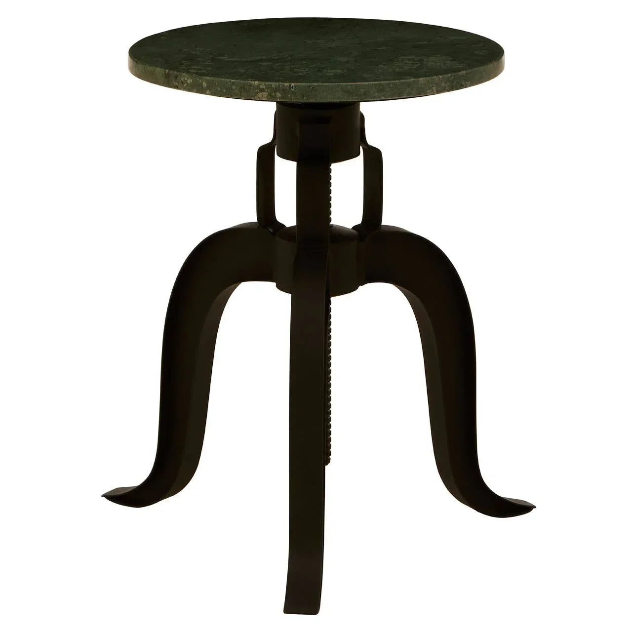 Round green marble side table with black metal tripod base
