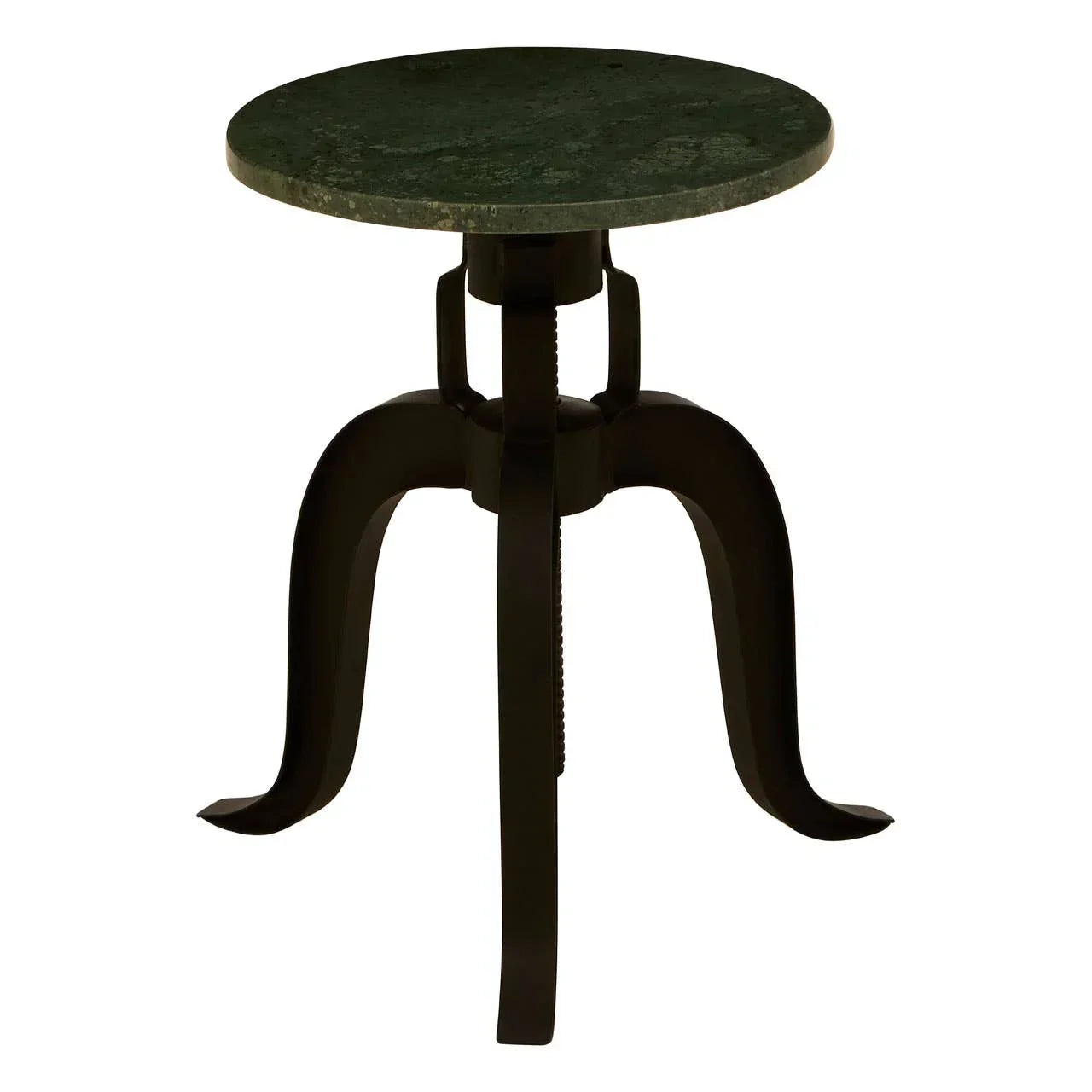Round green marble side table with black tripod metal legs