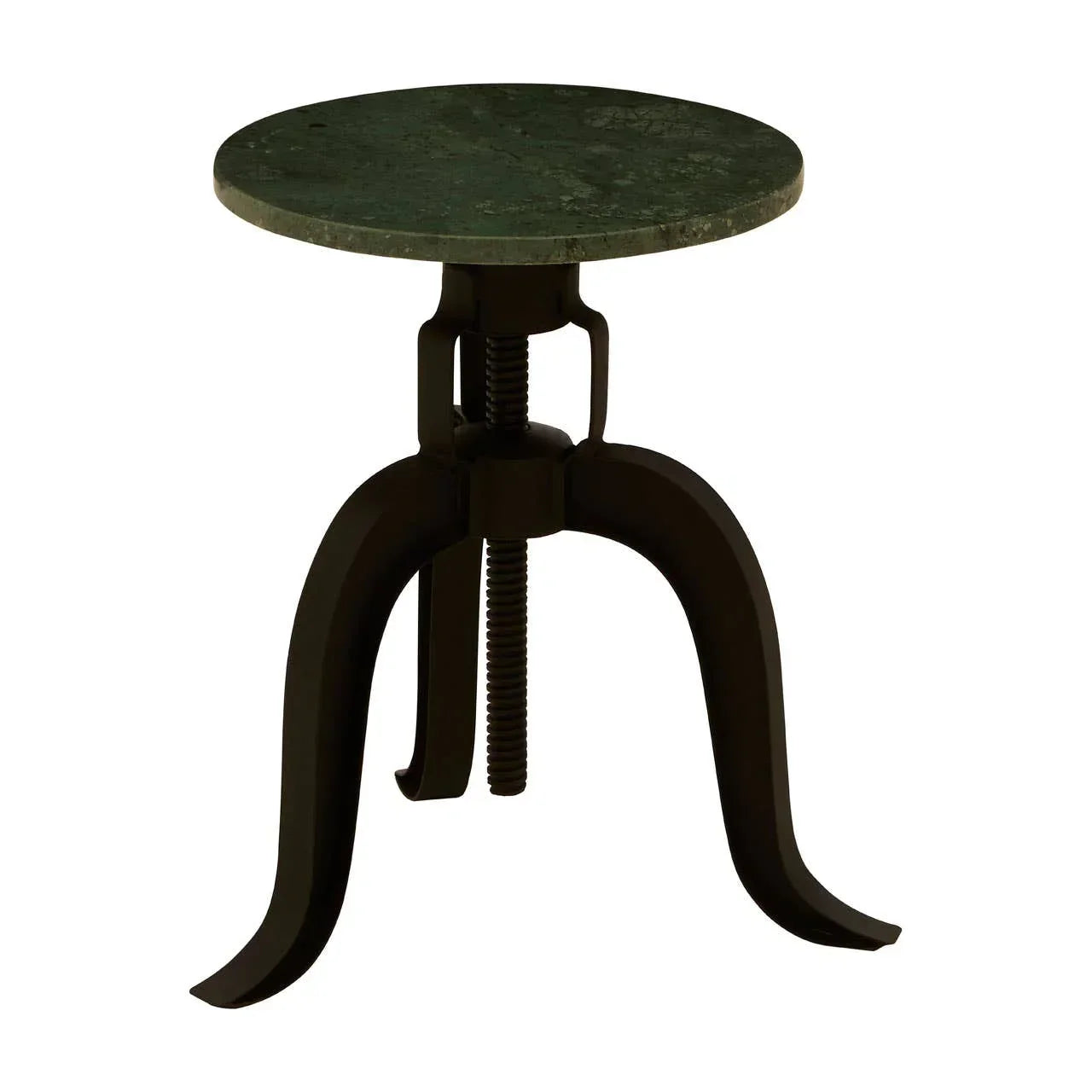 Round green marble side table with tripod black metal base and industrial screw detail