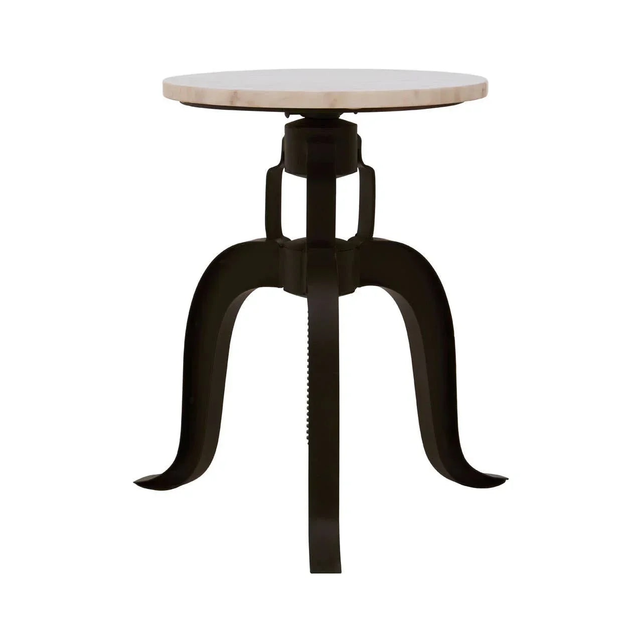 Round marble top side table with black metal legs, front view