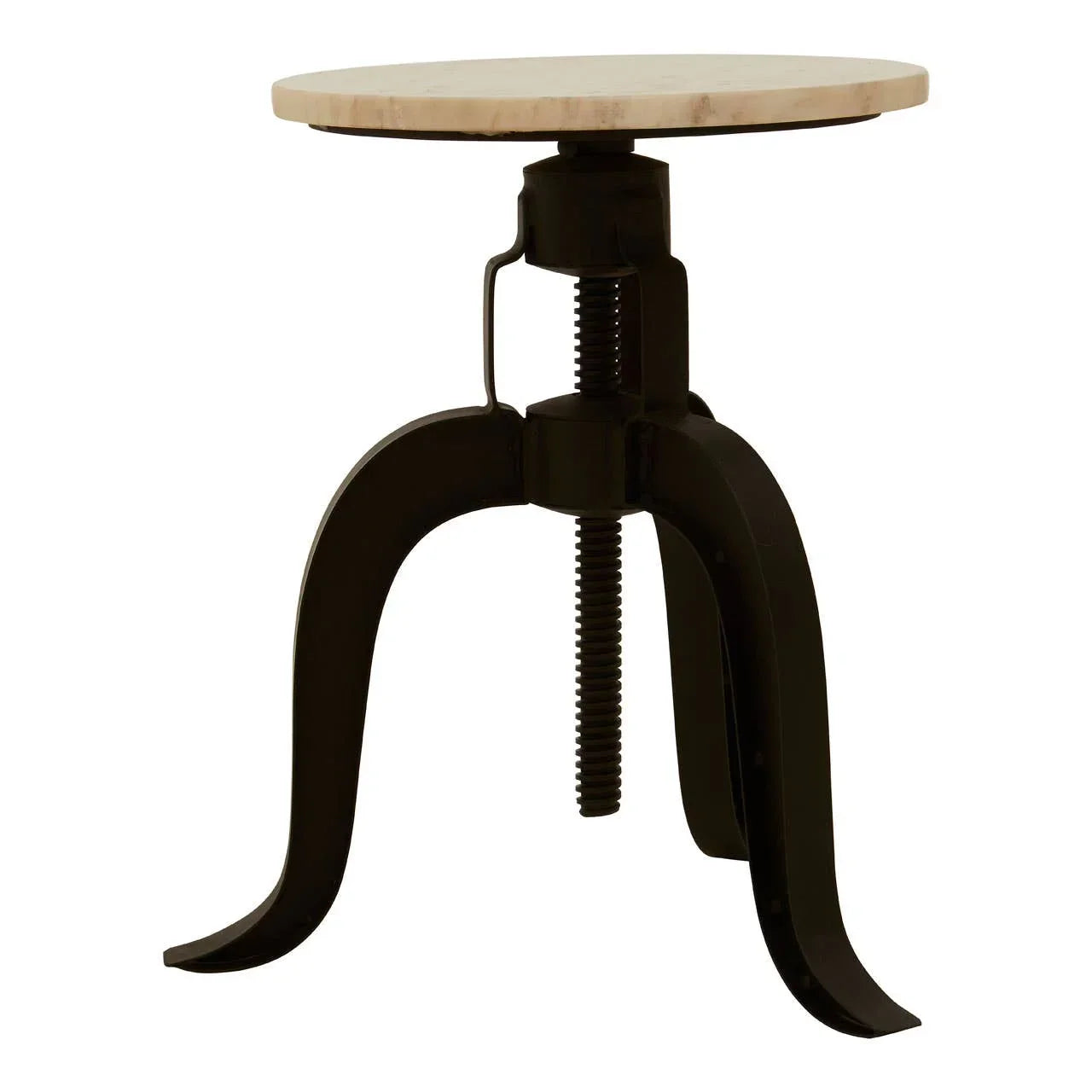 Round side table with a light wood top and black cast iron adjustable base