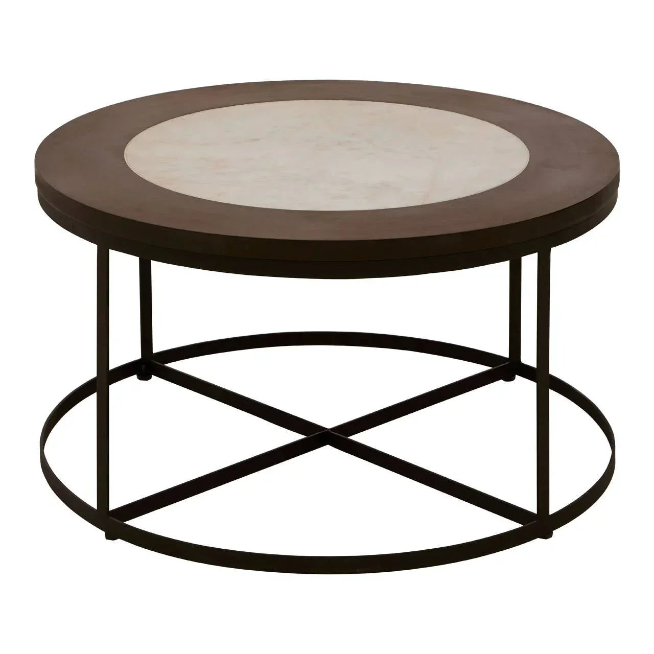 Round coffee table with metal frame and marble top, cross base support
