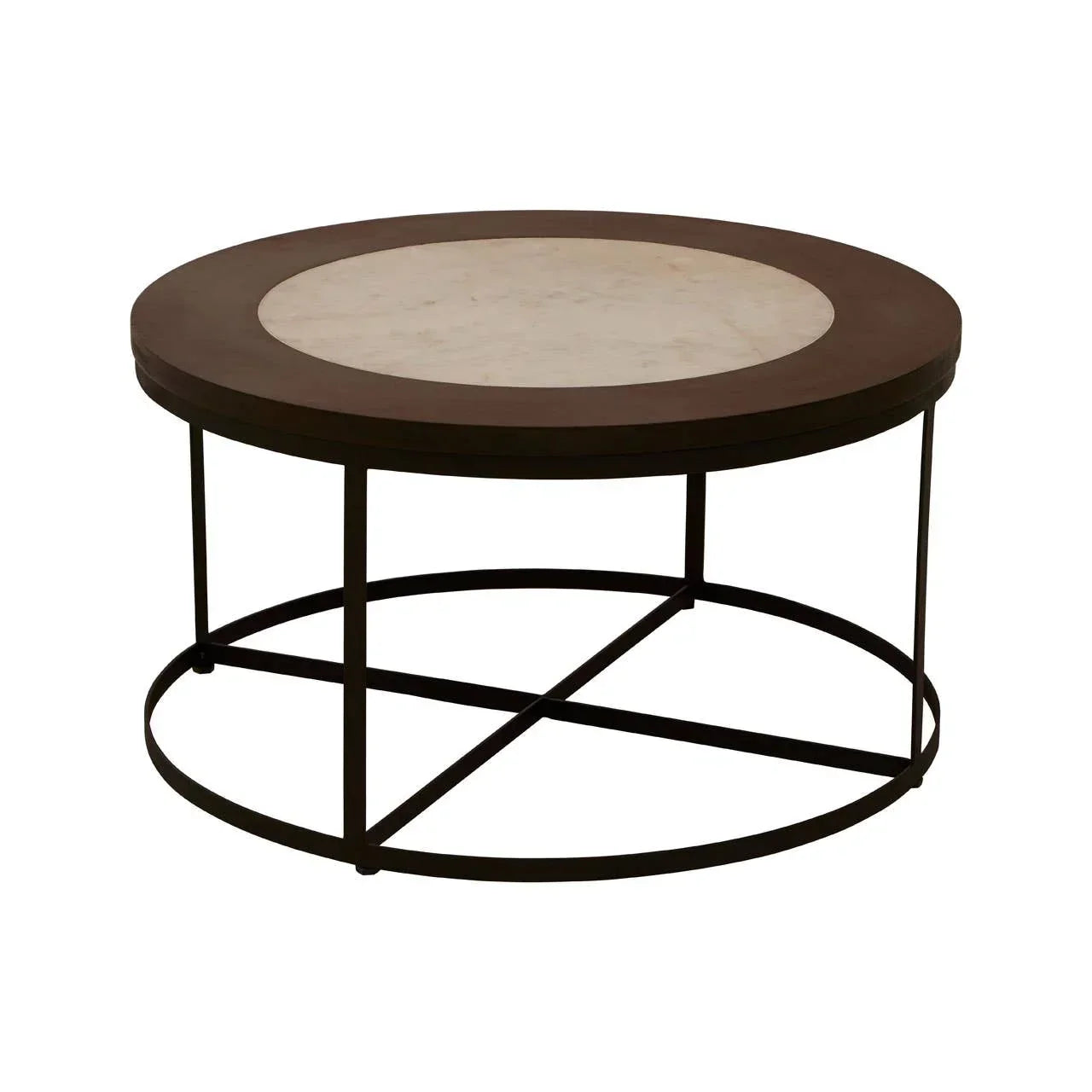 Round coffee table with brown metal frame and marble top